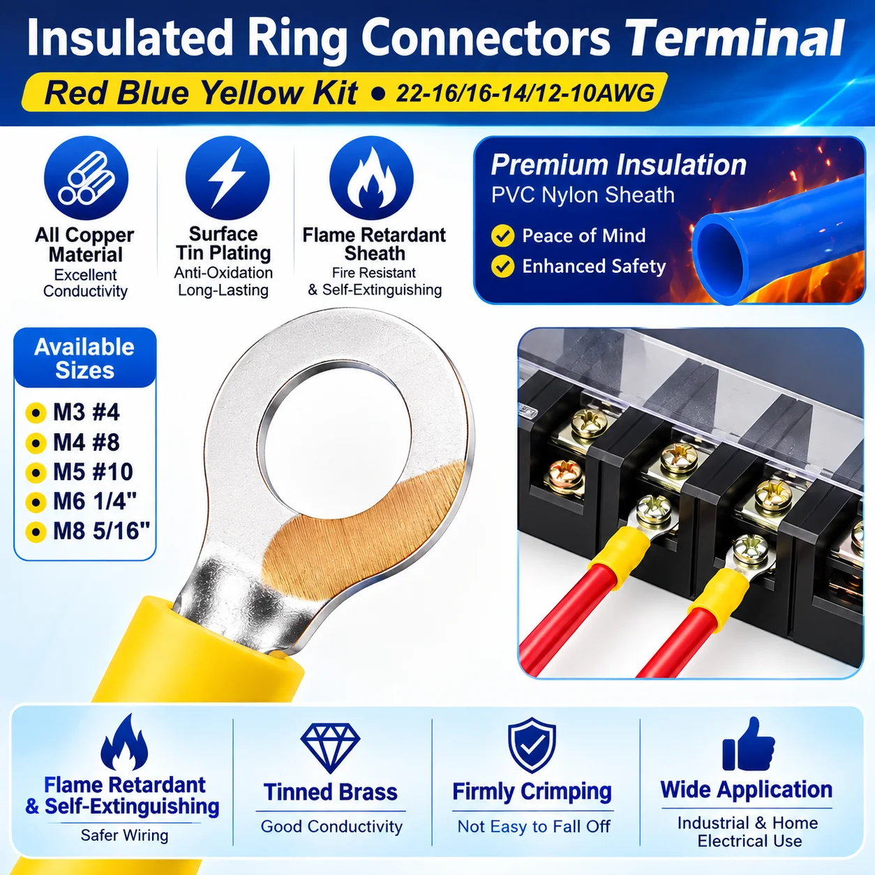Ring Terminal Kit O-Type Insulated Electrical Wire Crimp Connectors 10 Sizes M3 M4 M5 M6 M8 Red Blue Yellow Assorted Cable Lugs