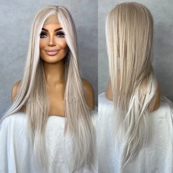 Ash Blonde White Balayage Highlights Wig 28 Inch Long Wig Straight Center Parting High Density Lace Front Women Daily Wigs