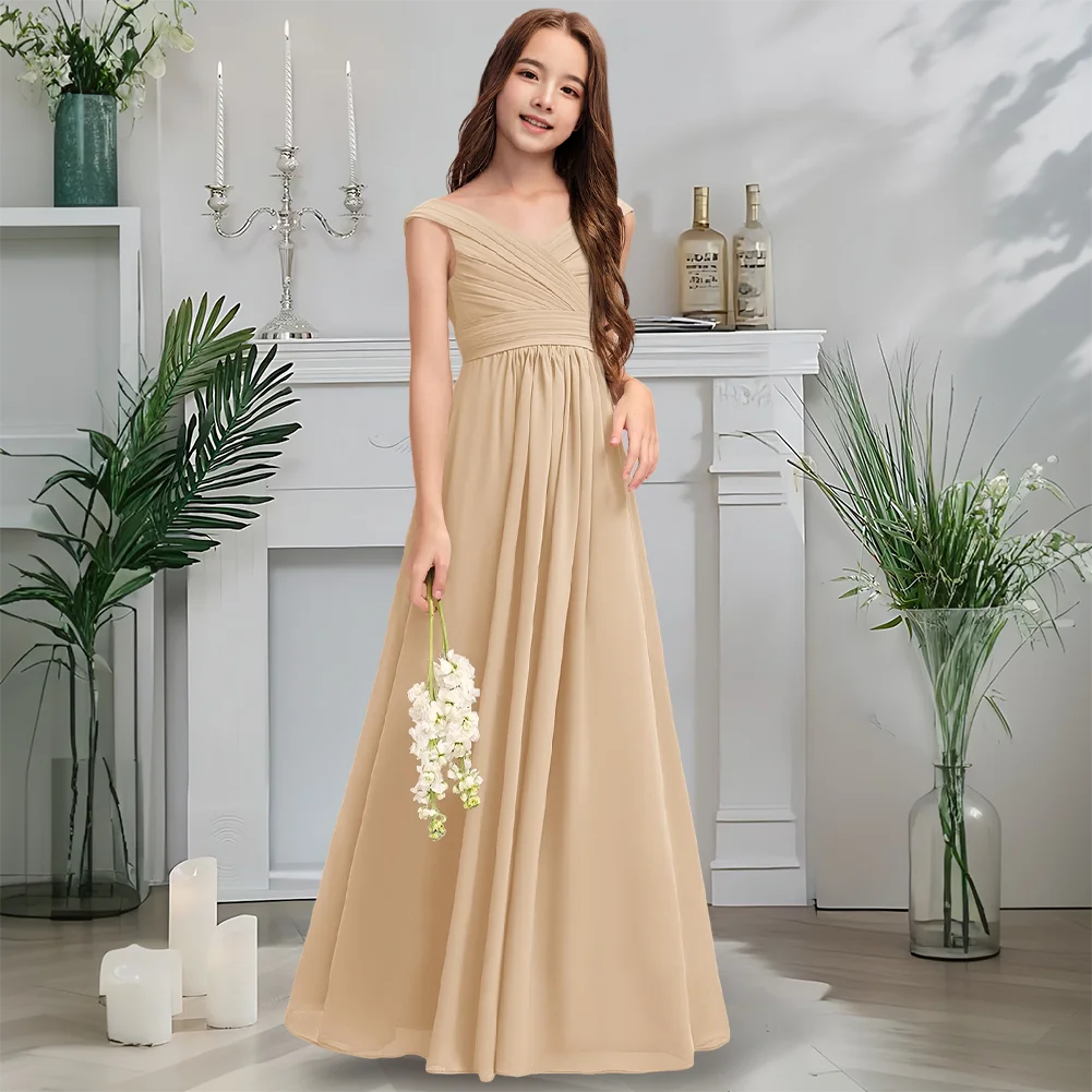 

VA Kids Child A-Line Off-Shoulder Chiffon Junior Bridesmaid Dress Midnight Navy Flower Girl Dress Gown With Cascading Pleats