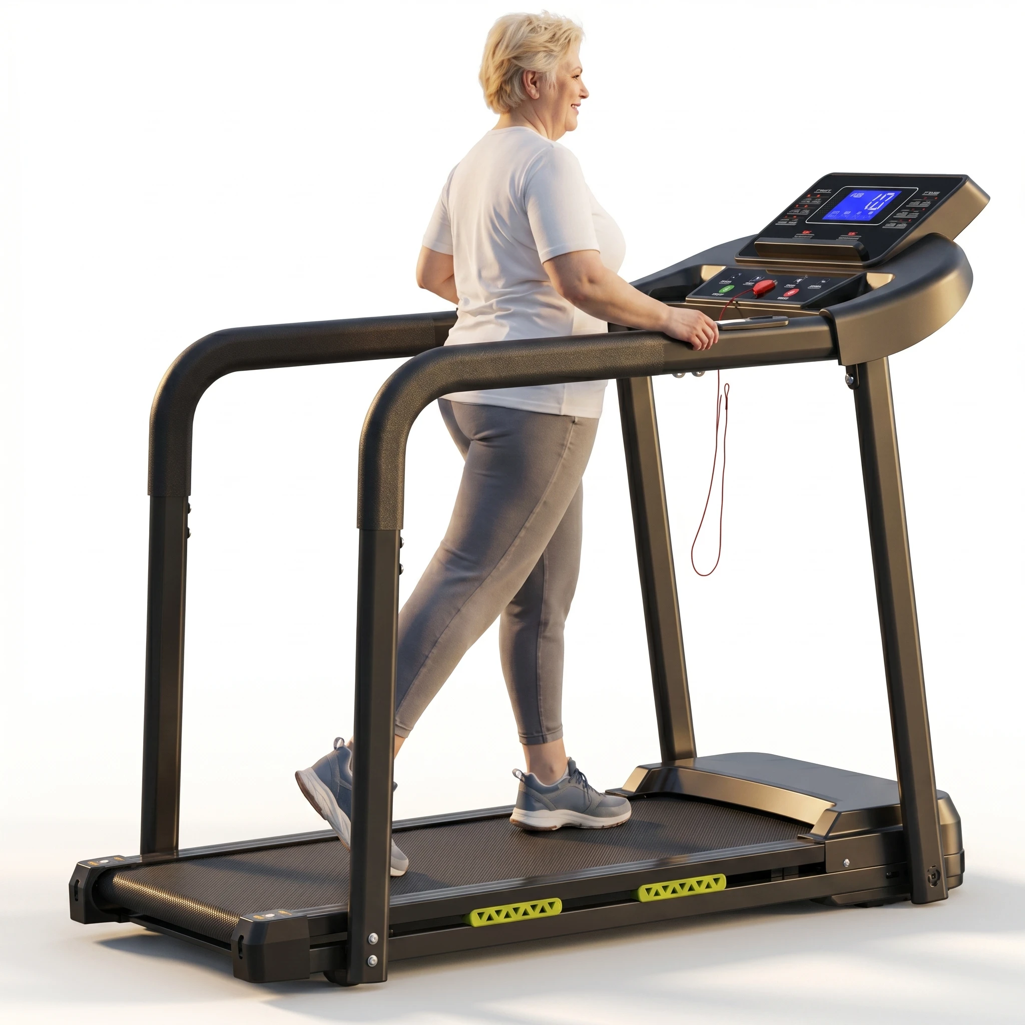 Tapis de course compact et pliable pour seniors – tapis de marche pliable avec longues barres d'appui pour l'équilibre, grand écran LED (fréquence cardiaque, calories, distance), commande par application, fonctionnement électrique avec une capacité de charge allant jusqu'à 135 kg, conception sécurisée pour une utilisation à domicile