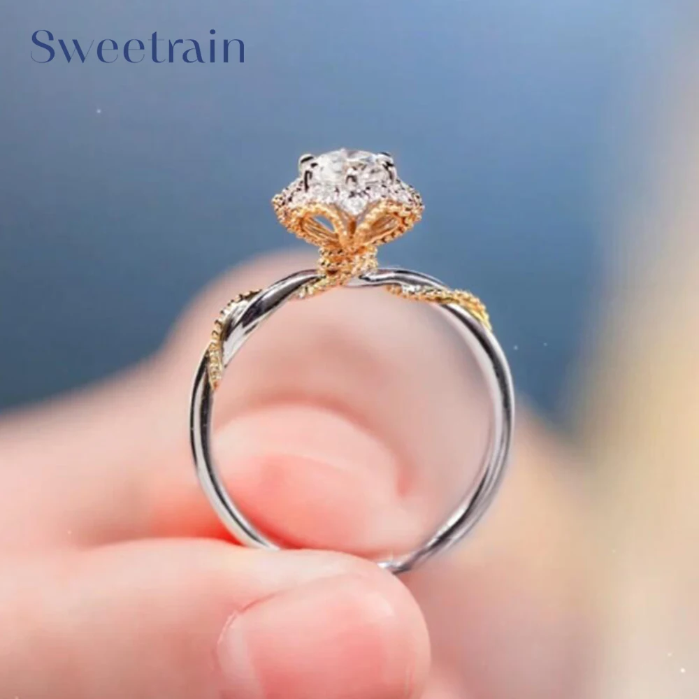 

Sweetrain 1CT Certified Moissanite Engagement Ring Women Plated 18k Gold Double Color Wedding Lab Diamond Band Pure 925 Silver
