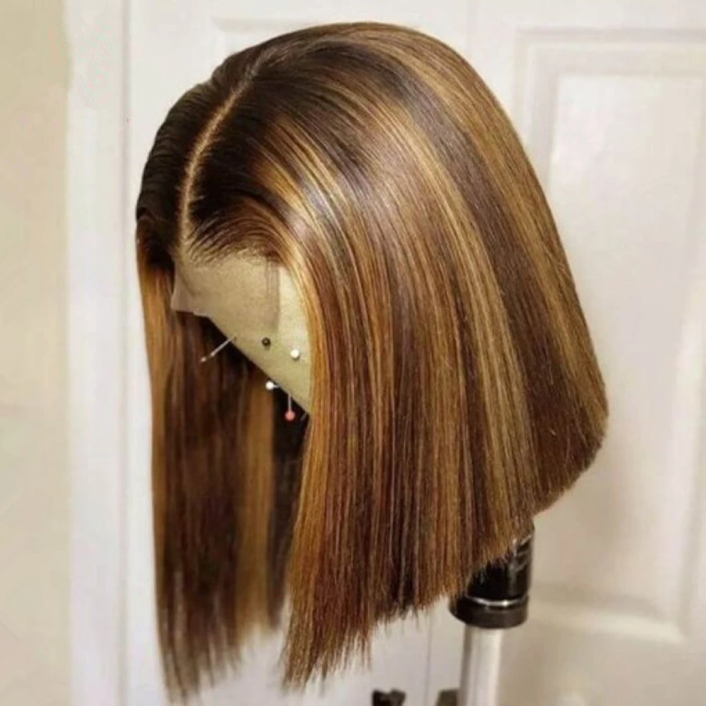 Straight Short Bob Wig Human Hair Honey Blonde Highlight 13x4 Lace Frontal Short Straight Ombre P4/27 Color Bob Wigs for Black Women Human Hair Pre Plucked Side Part 230% Density
