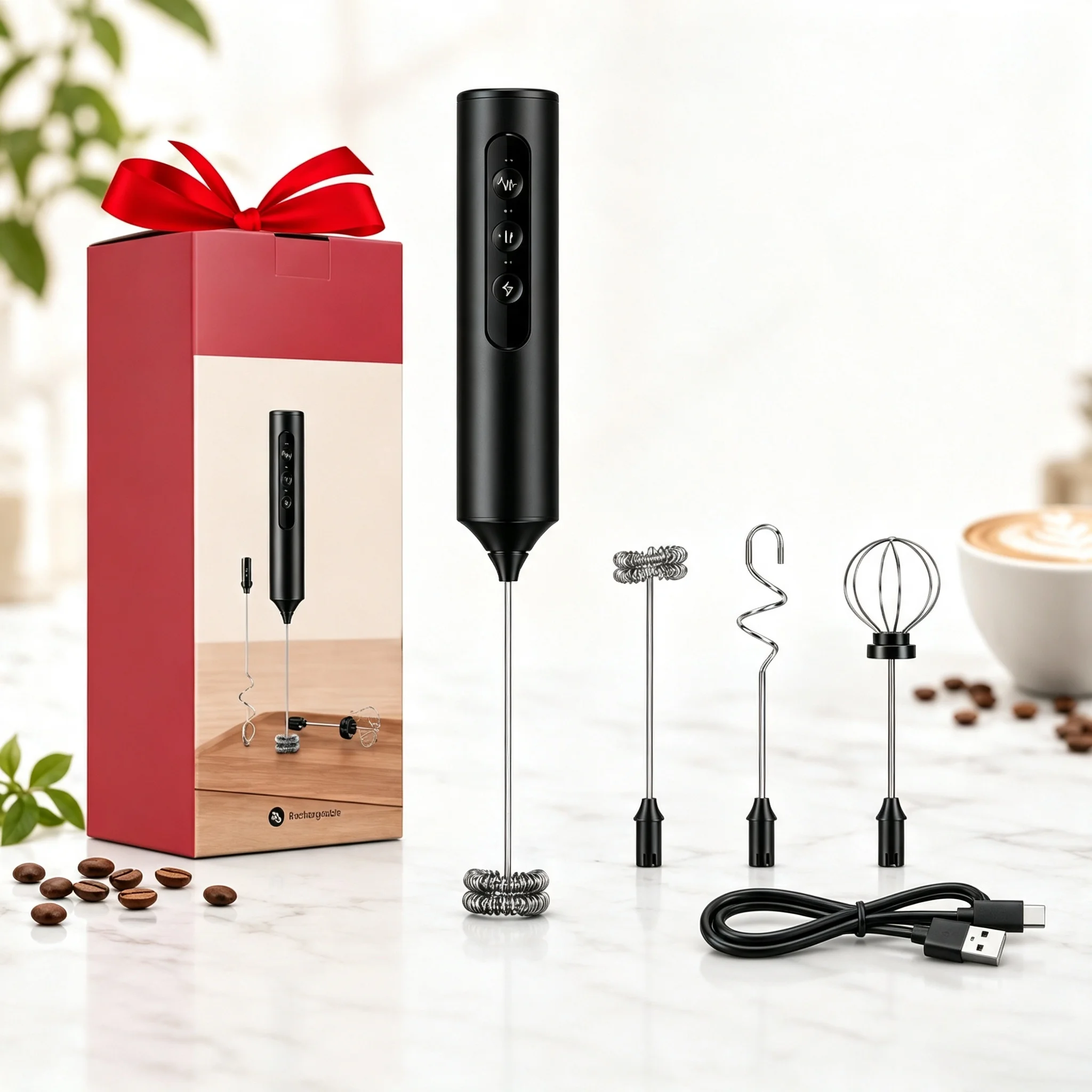 Tolife Electric Milk Frother Handheld USB Rechargeable 3 Speed Coffee Foam Mixer, 3 Stainless Steel Replaceable Whisks Wireless Drink Blender for Latte Cappuccino Egg Chocolate, Portable Coffee Frother Gift Set