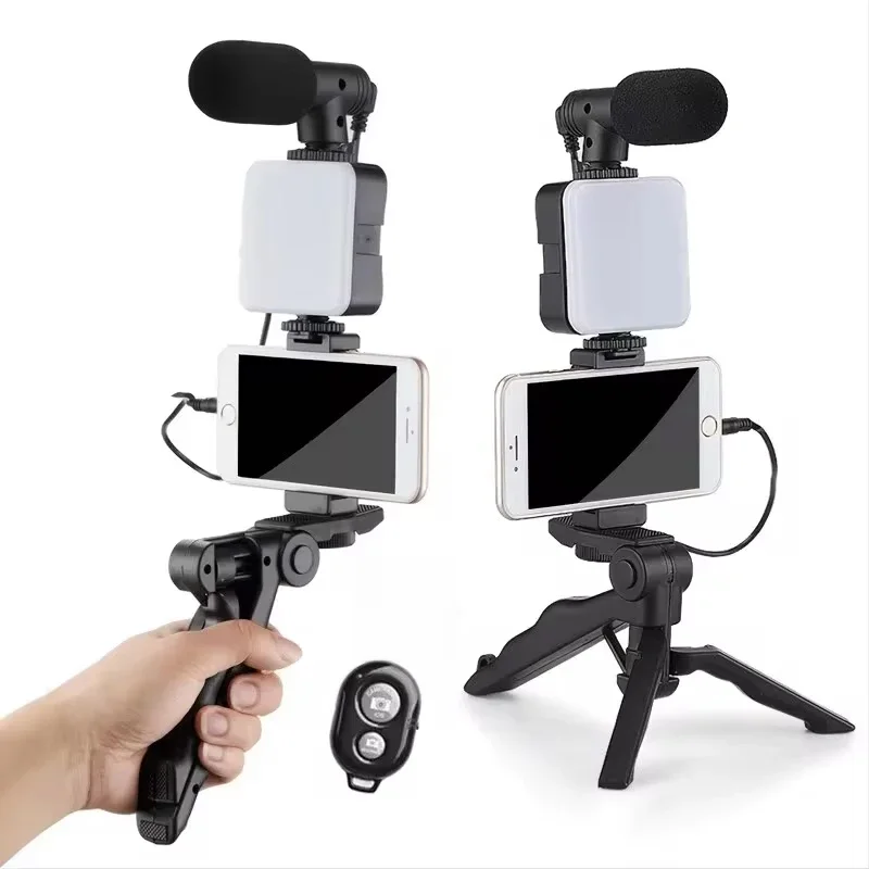 Kit de vlogging pour Smartphone avec trépied, support de téléphone, Mini Microphone, lumière de remplissage LED, démarreur pour TikTok, vidéo en direct, YouTube