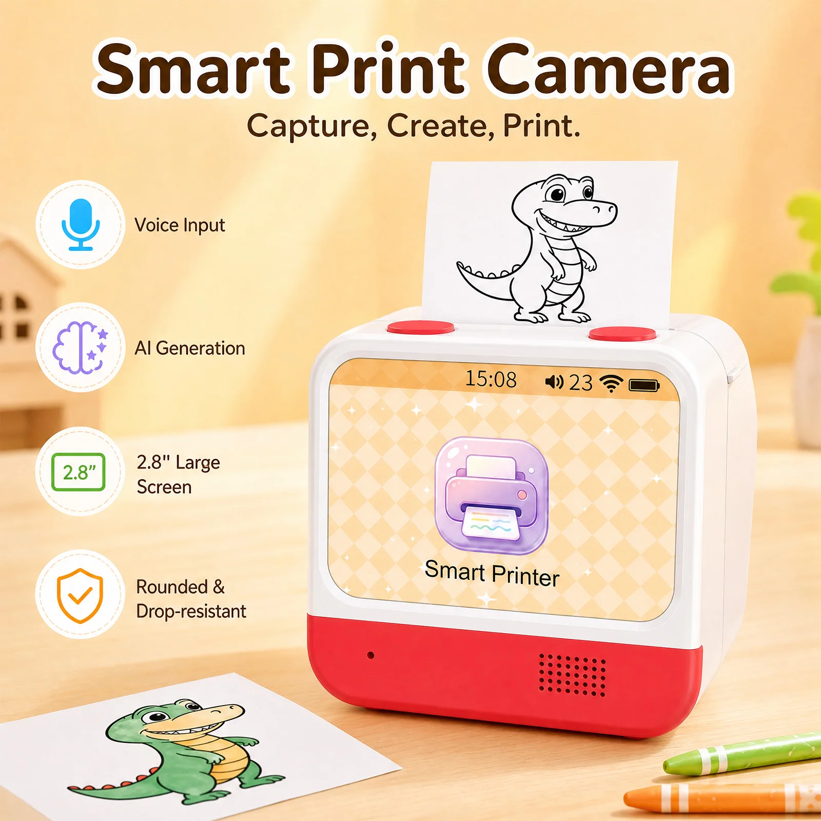 Stampante intelligente per bambini con tecnologia AI, schermo IPS da 2,8", controllo vocale, stampante termica con display, mini stampante fotografica senza inchiostro, ideale per casa, ufficio,
