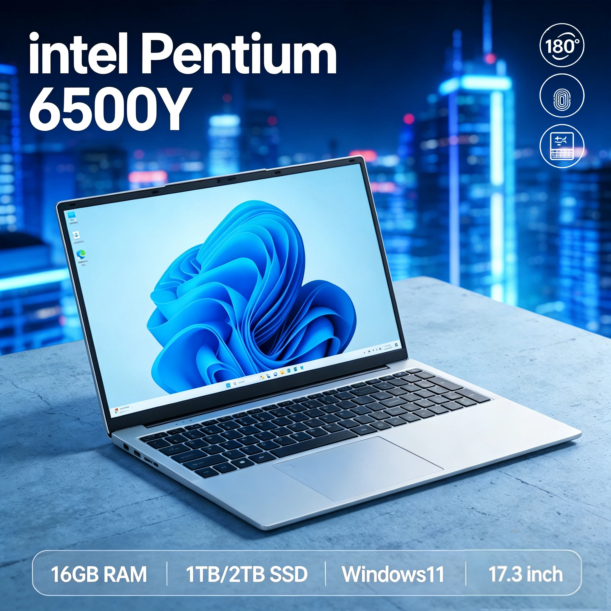 Laptop 17.3' con Intel Pentium 6500Y, 16GB RAM, 1TB/2TB SSD, Windows 11, Sblocco con impronta digitale, Tastiera retroilluminata, Computer aziendale