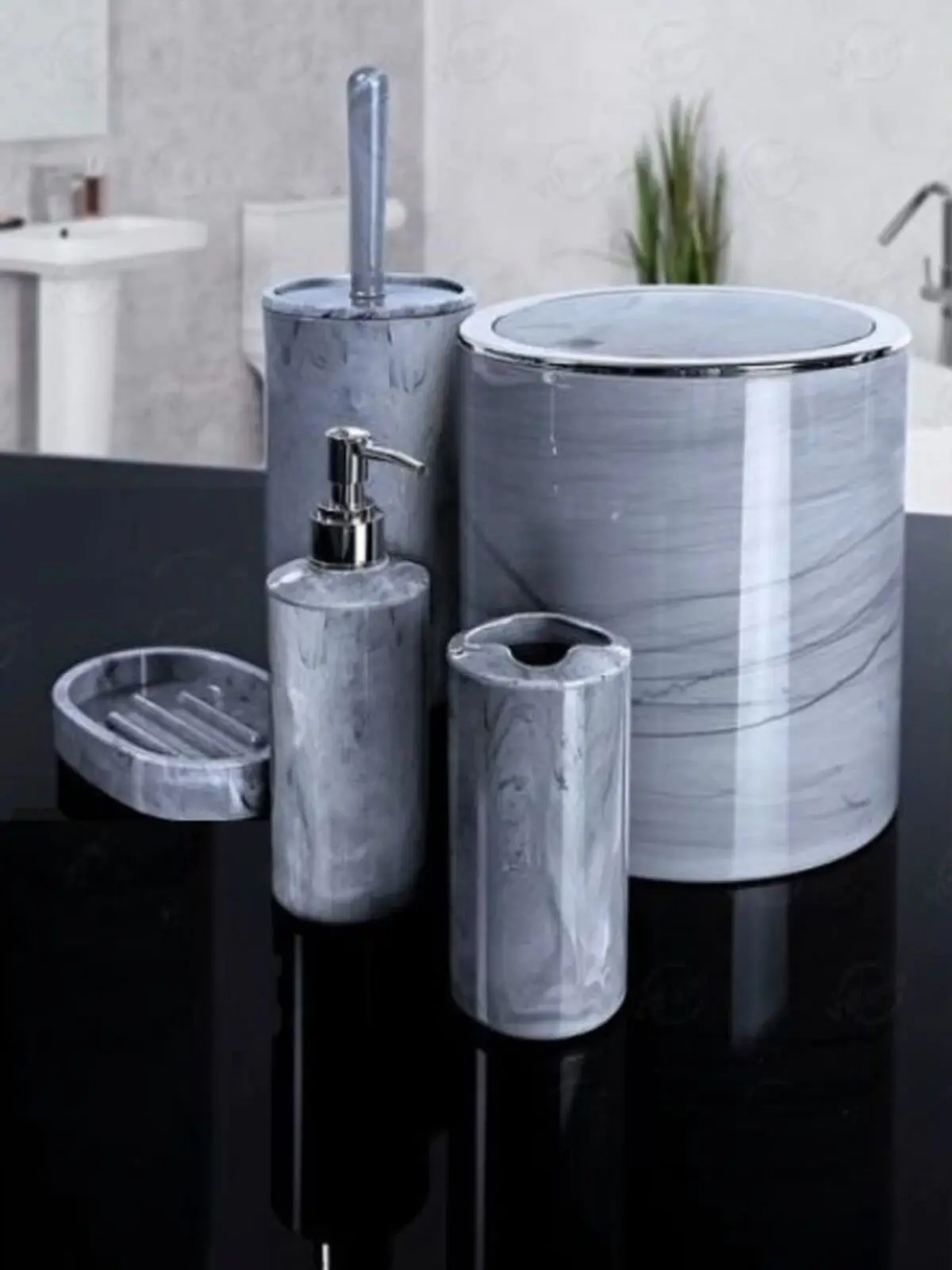 Bathroom Set Marble Pattern 5 Piece Bathroom Accessories Sets Liquid Soap Dispenser Room Kit Dental Fırçalığı Toilet Brush Garbage Bucket