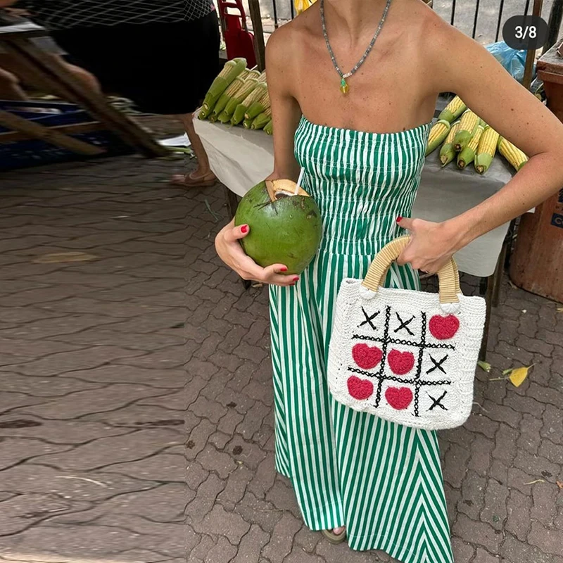 

Green Stripe Pleated High Waist Dress Women Maxi Dress Sweet Tube Top Backless Beach Holiday Dress Summer Vacation Casual Robe