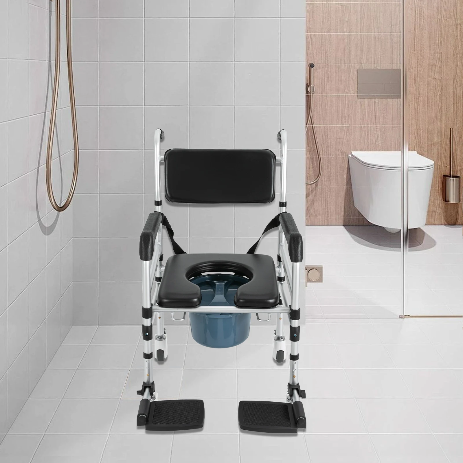 Shower Chair with Wheels & Toilet Seat, Safety Belt, Brakes, Folding Shower Chair, Height Adjustable Shower Chair, for Bathroom, Home, Hospital