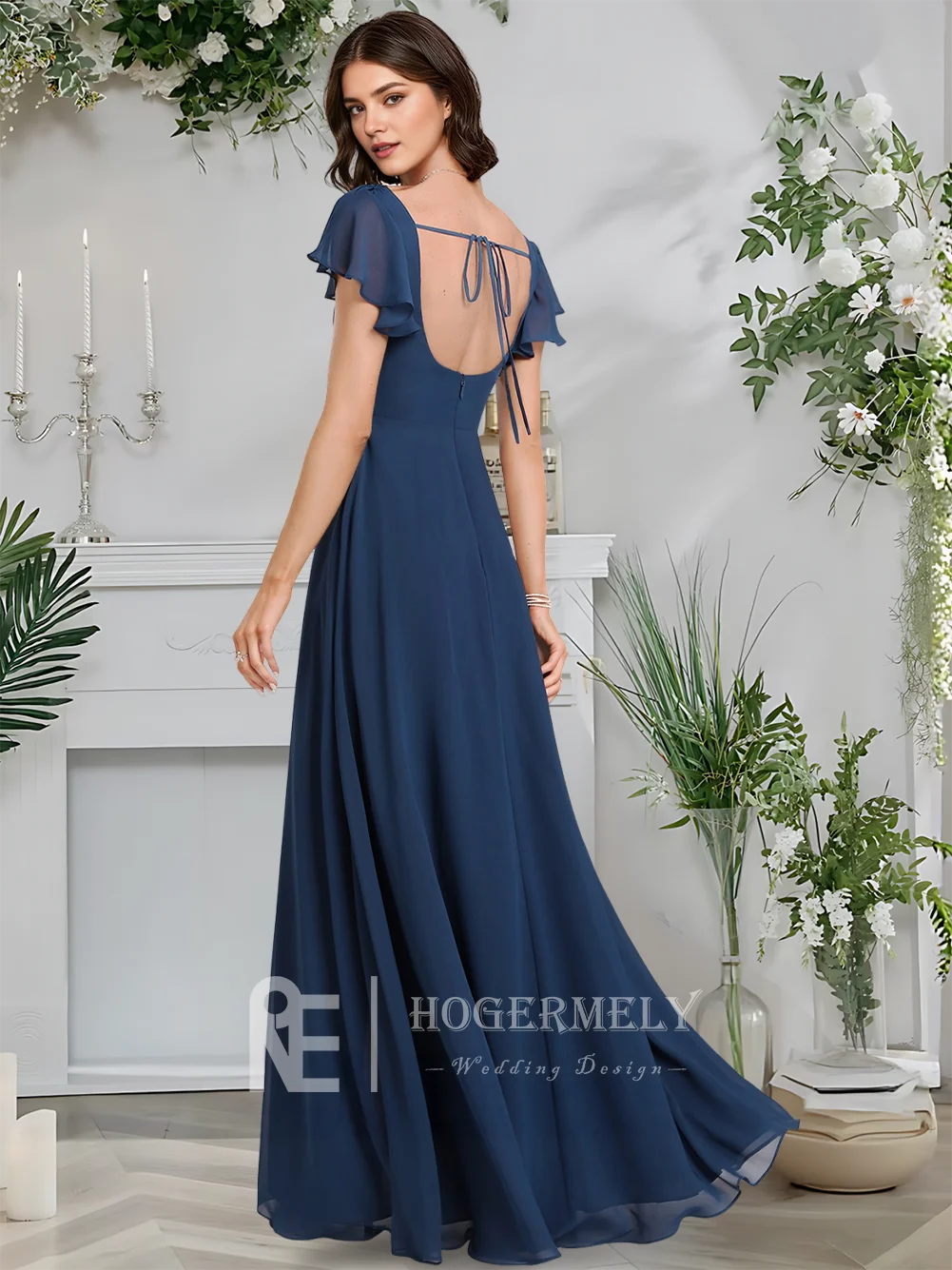 

B Elegant Navy Blue Square A-Line Bridesmaid Dresses Floor-Length Chiffon With Ruffle Wedding Party Guest Dress 2025​