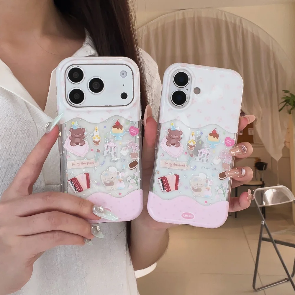 Kawaii Sweet Cartoon Bear Phone Case for iPhone 18 Pro Max 16 Max 15 16 17 18 Pro Korea Ins New Shockproof Protective Cases Cute