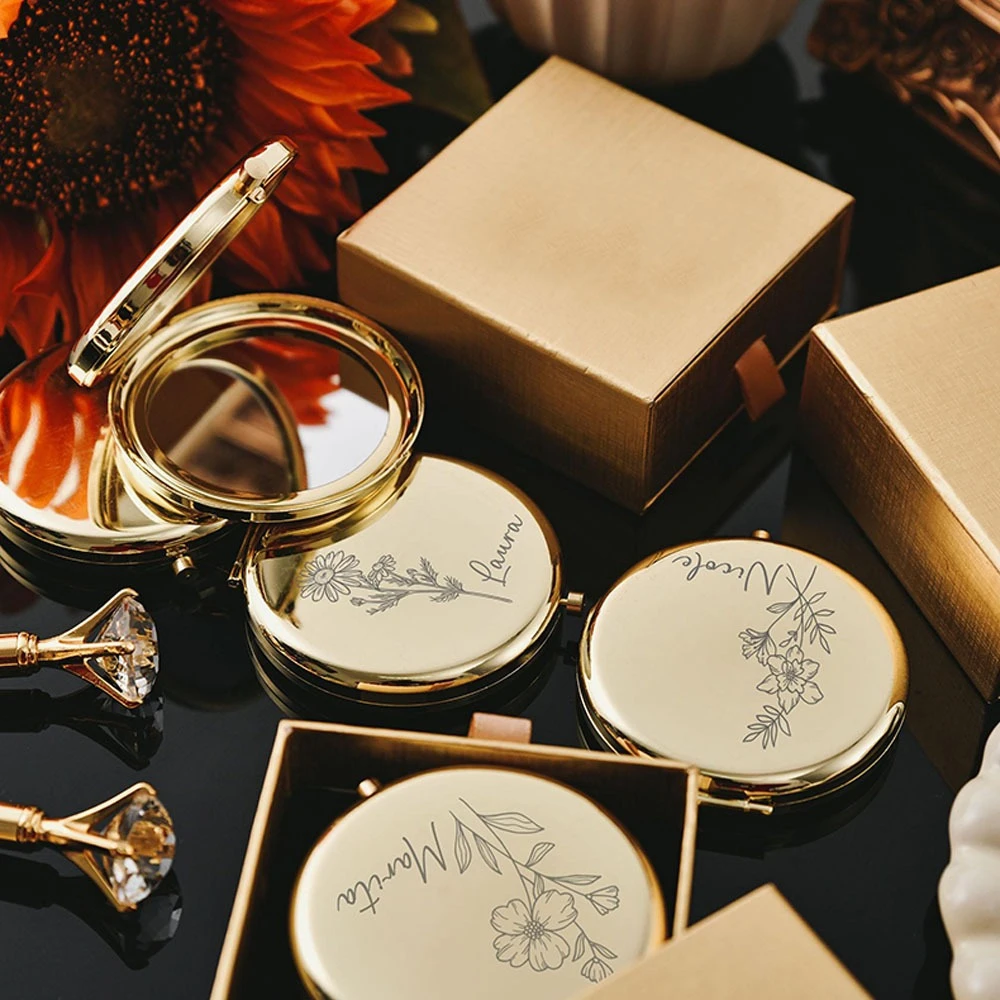 Custom Engraved Wallet Compact Makeup Mirror, Portable Travel Essential, for Bridesmaids, Sister, Girlfriend & Female Teachers