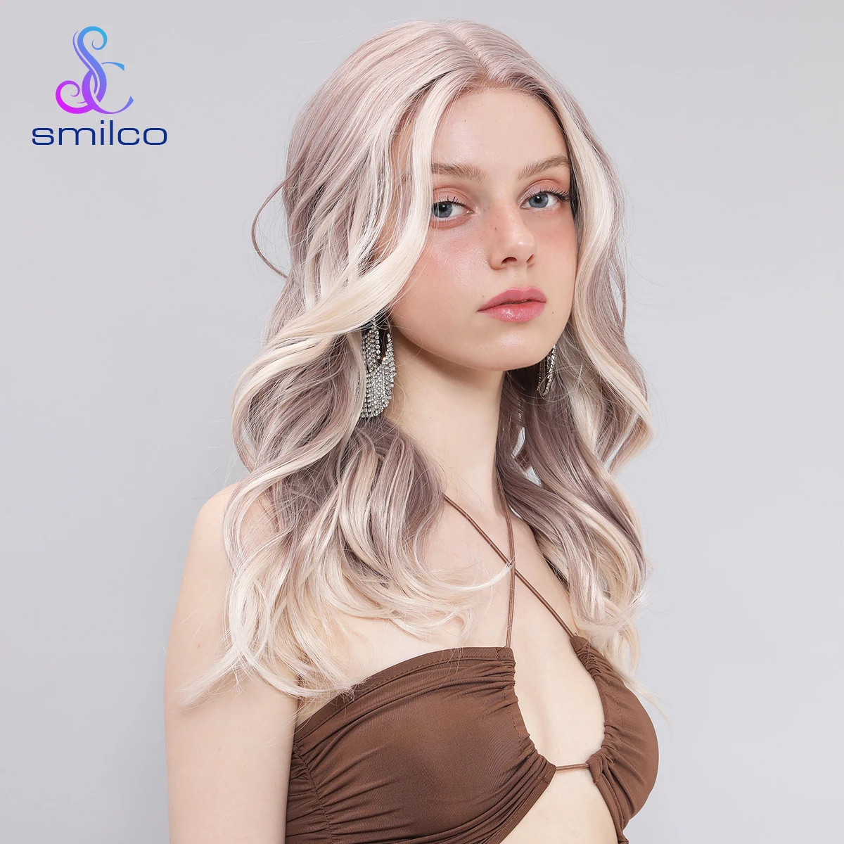 For Daily Party Cosplay Use Smilco Synthetic Wigs Women 20'' Long Curly Wavy Wig Middle Part Heat-resistant Lace Front