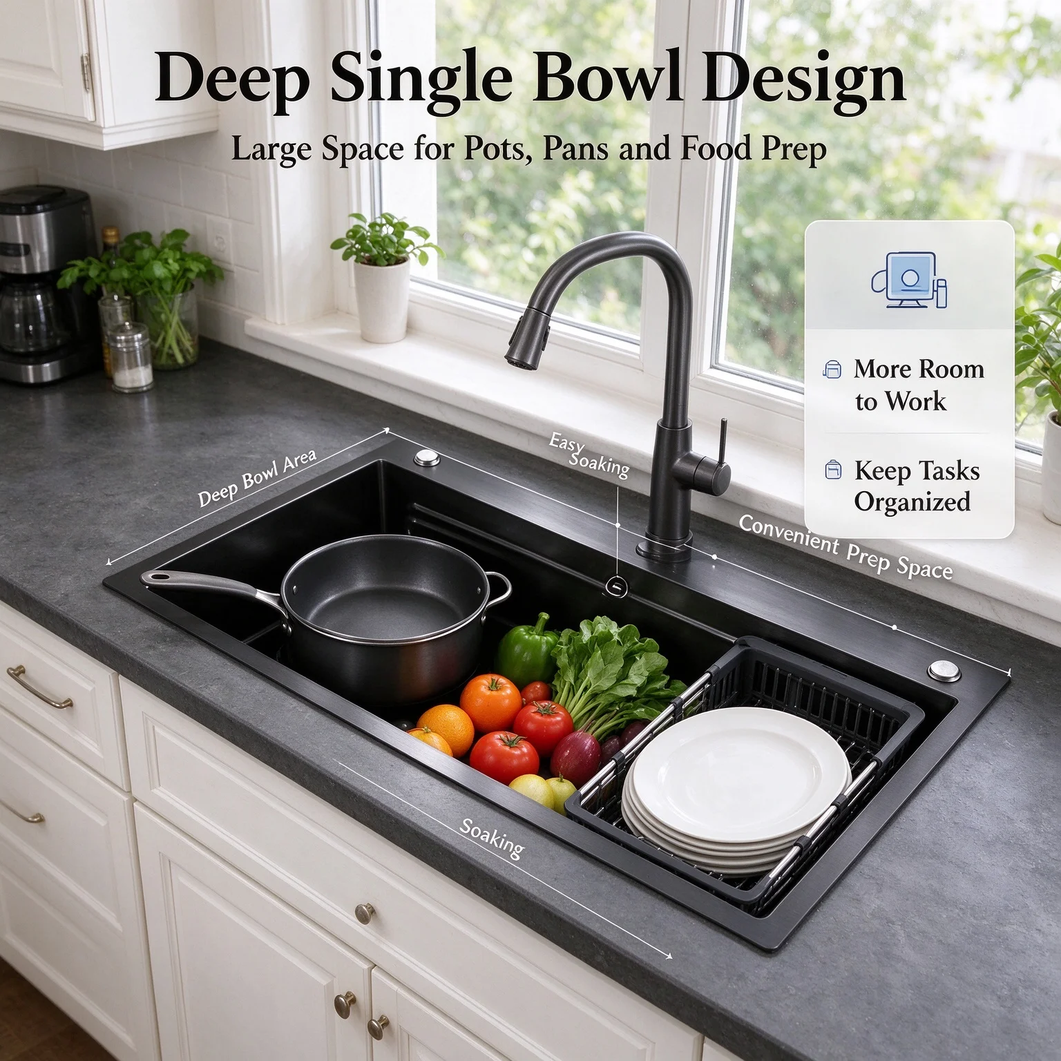 Black Nano-Coated Single Bowl Kitchen Sink, 304 Stainless Steel Rectangular Bar Sink, Deep Single Basin Workstation Sink for Kitchen, Garage, Laundry Room