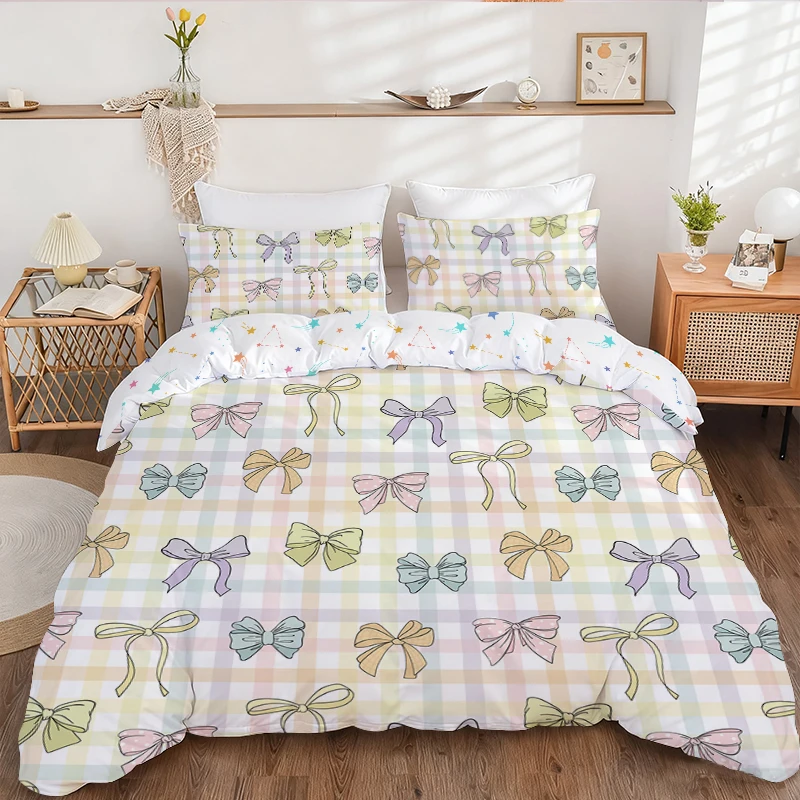 3PC Yellow-Based Checkered Bow Tie Duvet Cover Set (1 Duvet Cover+ 2 Pillowcases) Machine Washable Quilt Protector