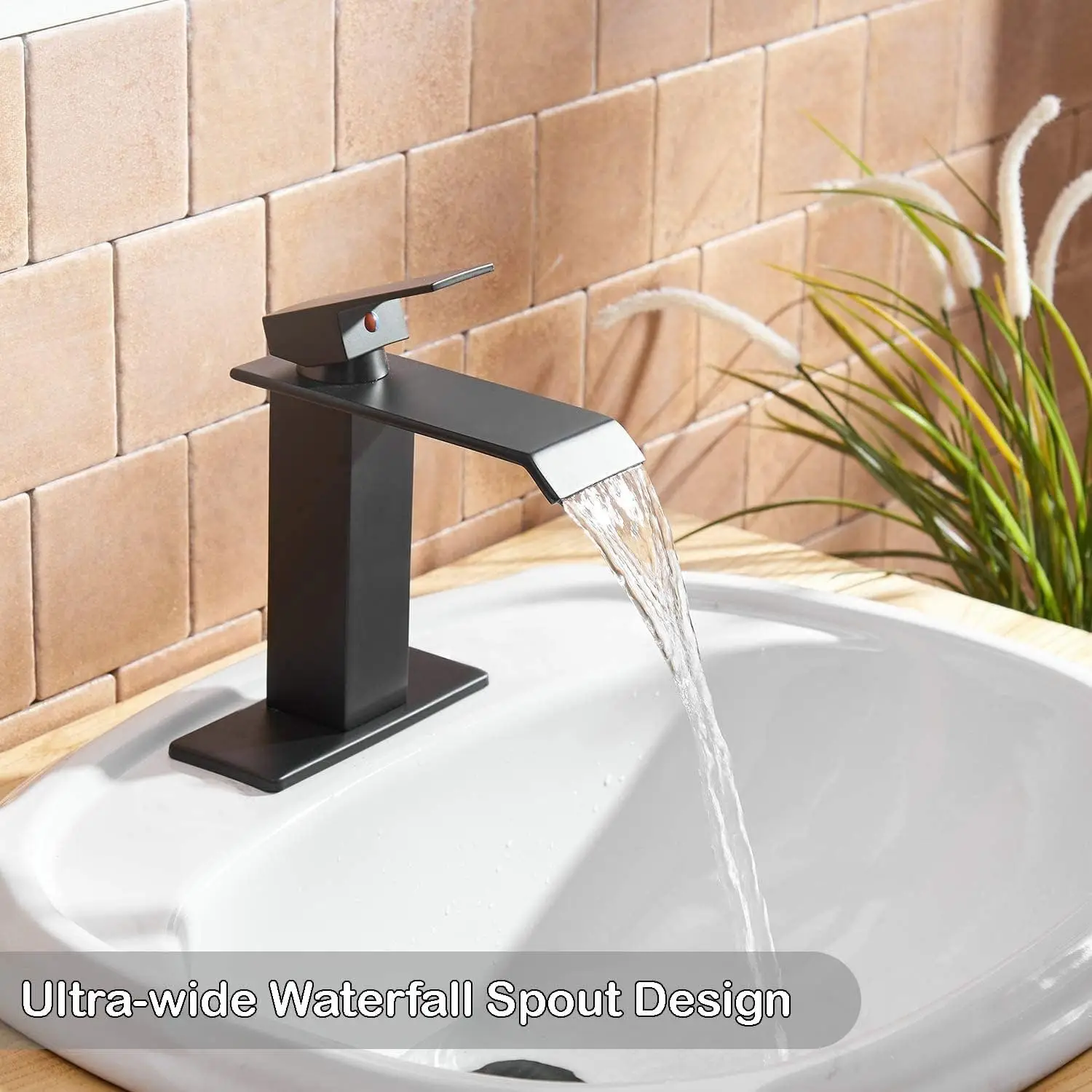 Bathroom Faucet Single Handle Waterfall Bathroom Sink Faucets Deck Mount Vanity Basin Commercial with Pop Up Drain Stopper