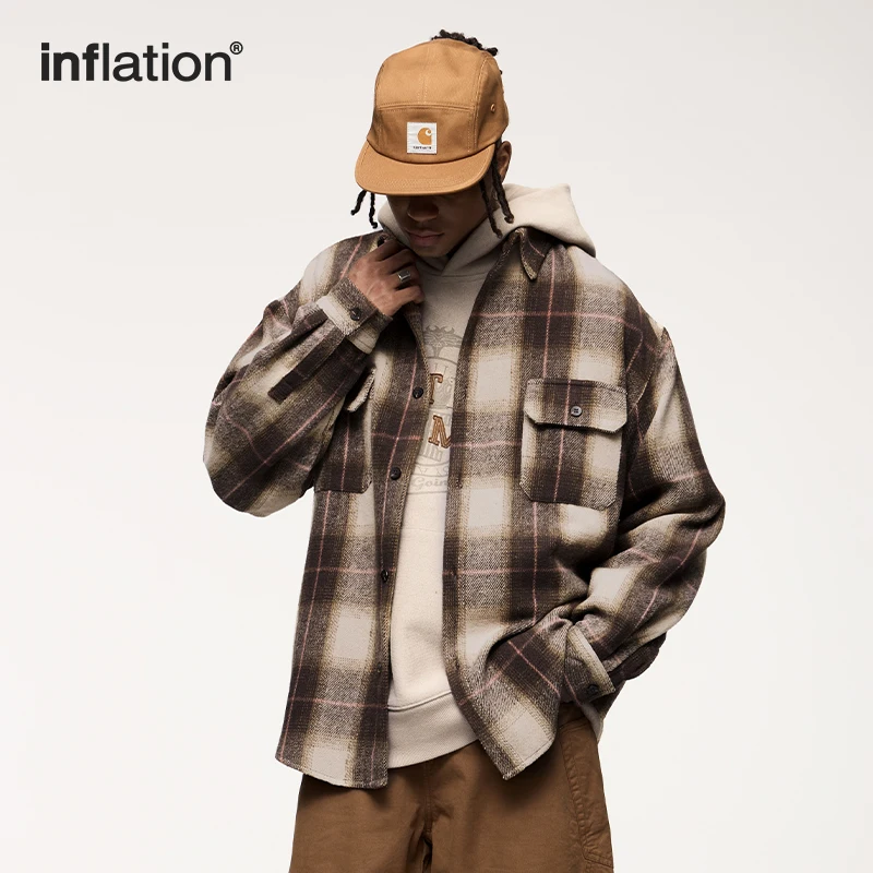 INFLATION American Brushed Check Shirts for Men Thick Vintage Long Sleeve Loose Plaid Shirt Jacket