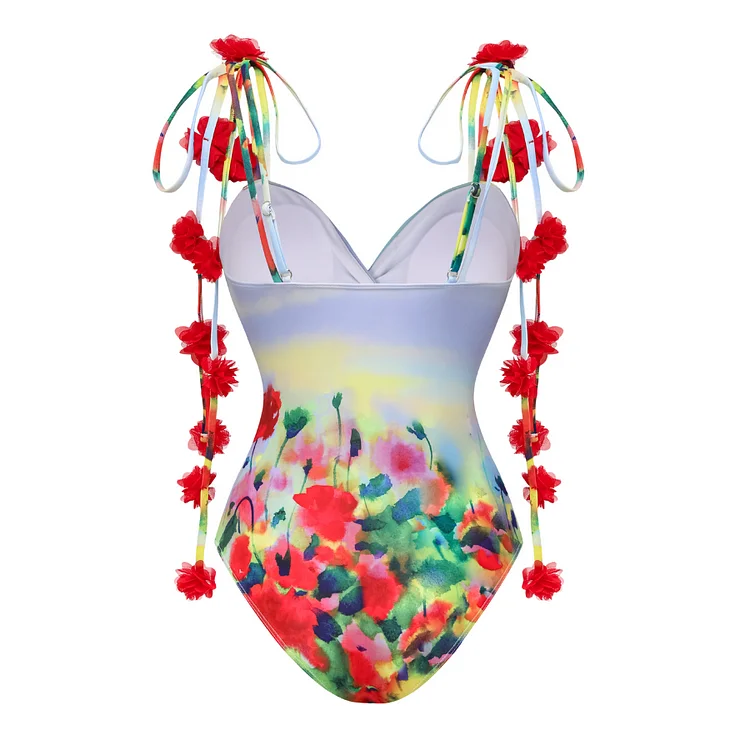 2024 New Women Tie-shoulder Phantom Garden One Piece Swimsuit and Sarong Swimwear Beachwear Bathing Suit Bikini Two Piece