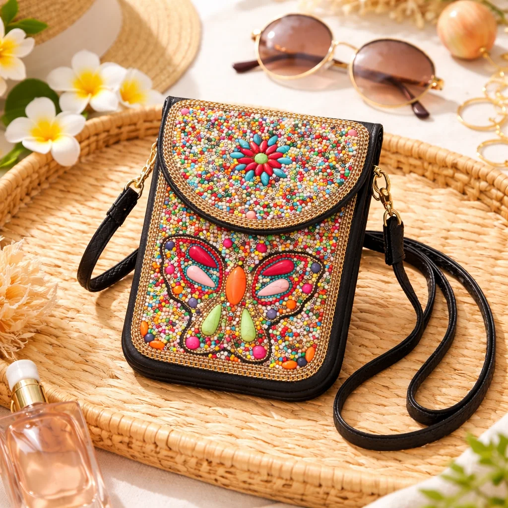 

Butterfly & Flower Pattern Retro Ethnic Style 2026 New Handmade Beaded PU Crossbody Mini Phone Bag Women's Shoulder Purse