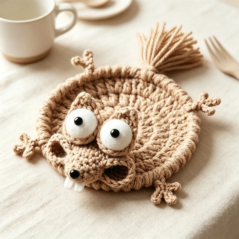 Cute Crochet Animal Coaster Handmade Knitted Soft Drink Cup Mat  for Home Office Table Desk Decor Coffee Tea Cup Novelty Gift