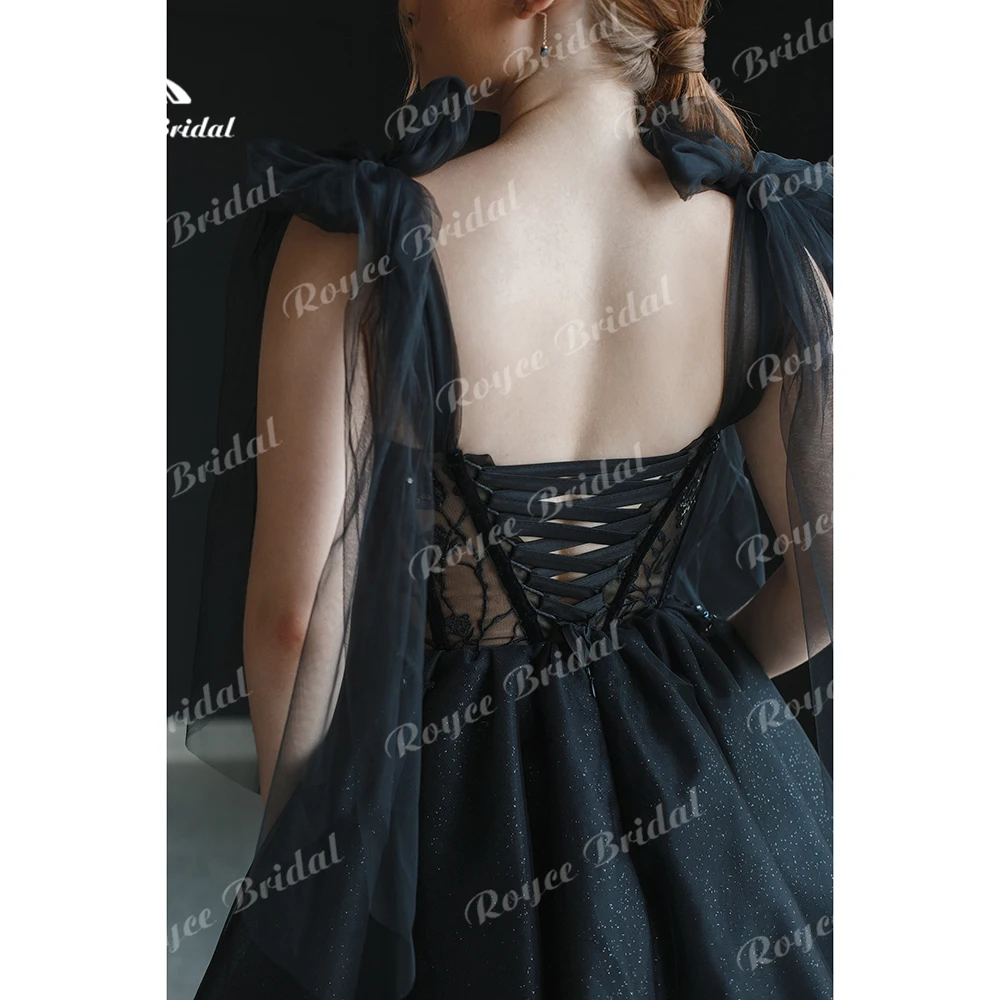 Vestido de casamento sexy preto com renda para mulheres, espartilho querido, laço para cima, corpo de beading, curto, cintas de espaguete, arco, vestido de noiva