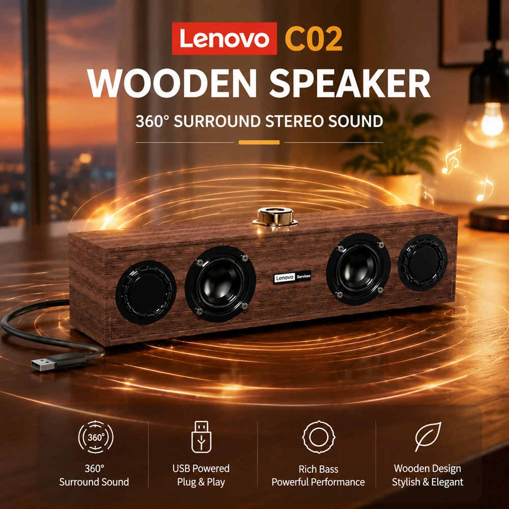 Lenovo C02 Mini Wooden Speaker USB Sound Bar for Computer PC Laptop, Premium Stereo Audio Powerful Bass Stylish Desktop Speakers