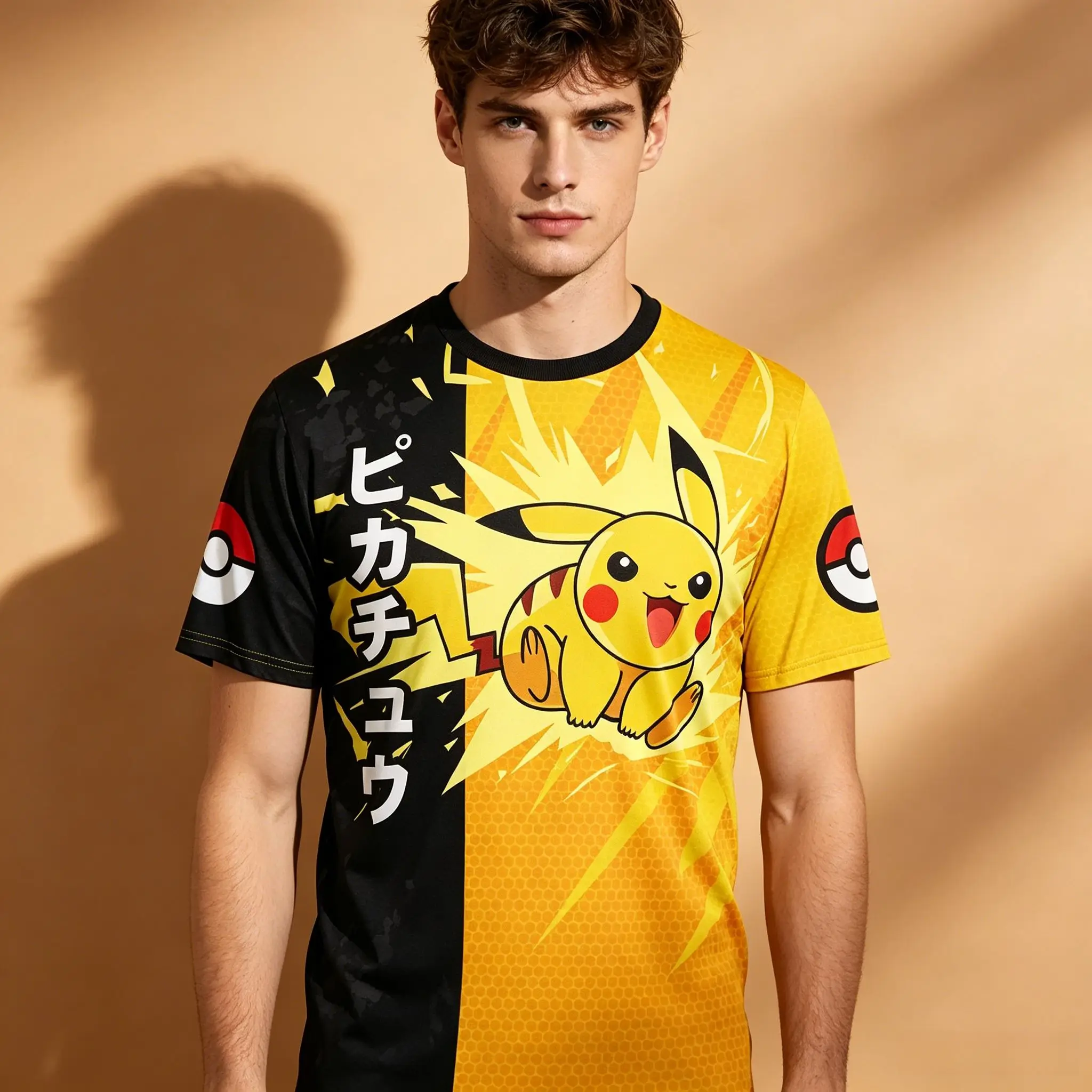Men's Pokemon Pikachu Split Black Yellow Japanese Pokeball Sleeve Print Crew Neck T-Shirt, Anime Otaku Streetwear Short Sleeve G