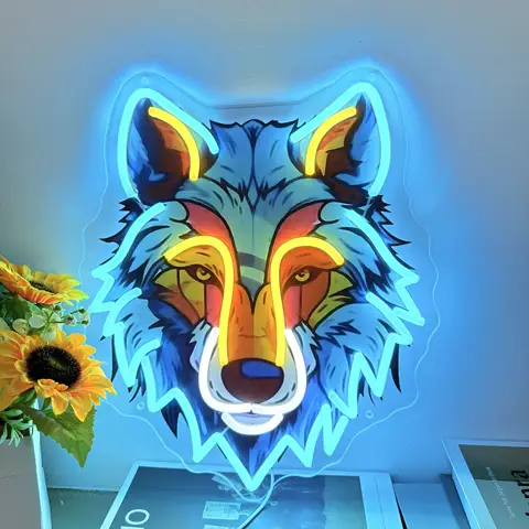 Colorful Wolf Neon Sign Cool Animal Wall Art Decor UV Print Wolf Neon for Game Room Bar Beer Club Sign Teens Bedroom Sign