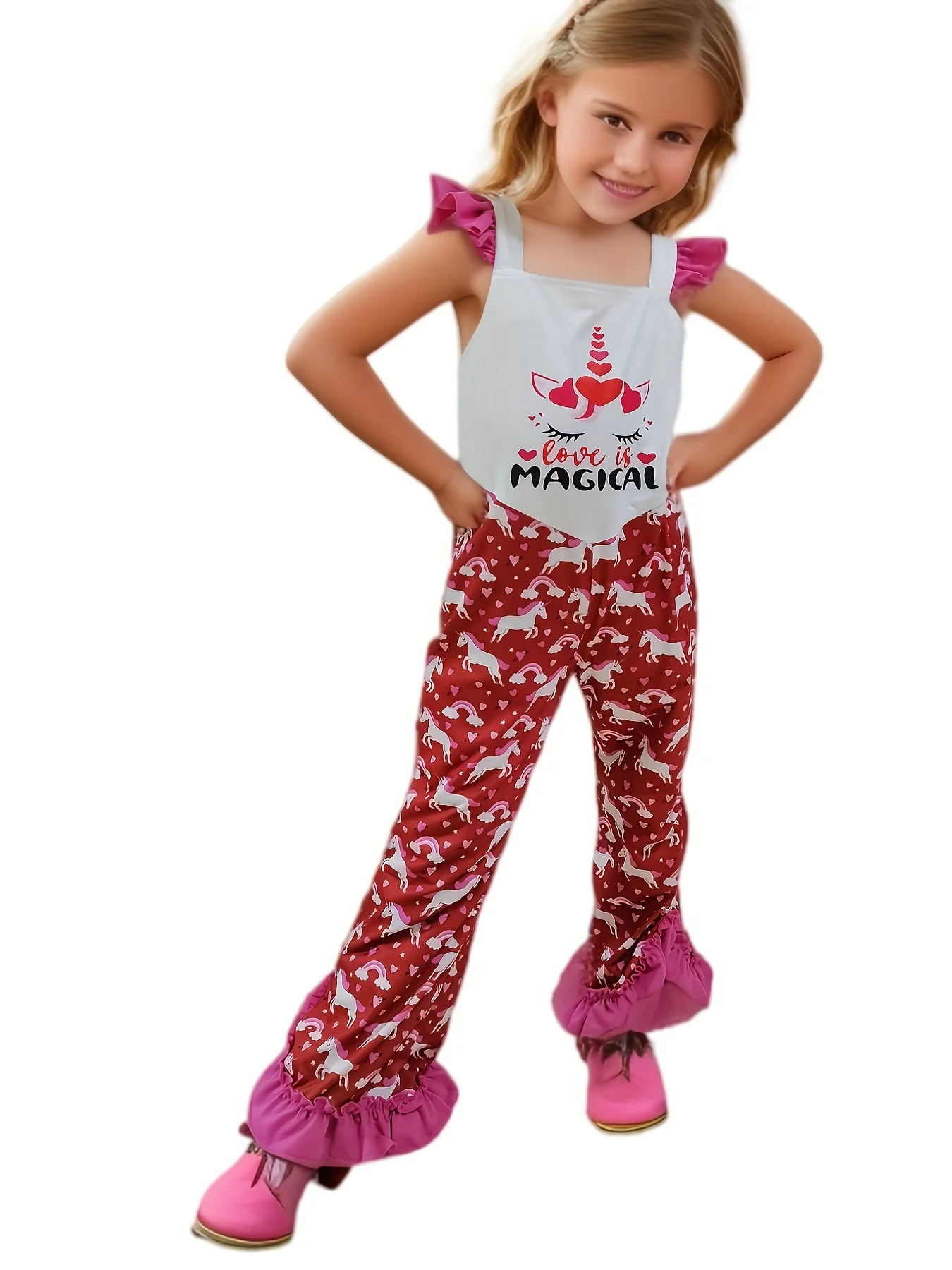 Valentine's day Love is Magical Girls Jumpsuit Kids Hearts Cute Unicon Jumper Flutter Printing Pants