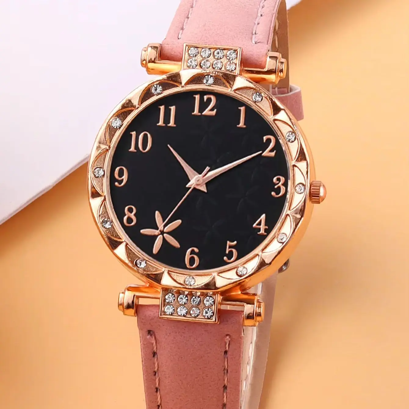 5-Piece Set of Women's Fashionable Quartz Watches with Bracelet Jewelry Set, Pink Pu Leather Watch Strap, Butterfly Earrings, Bracelet and Ring Combination, Elegant Gift Set for Girls (Gift Box Not Included)