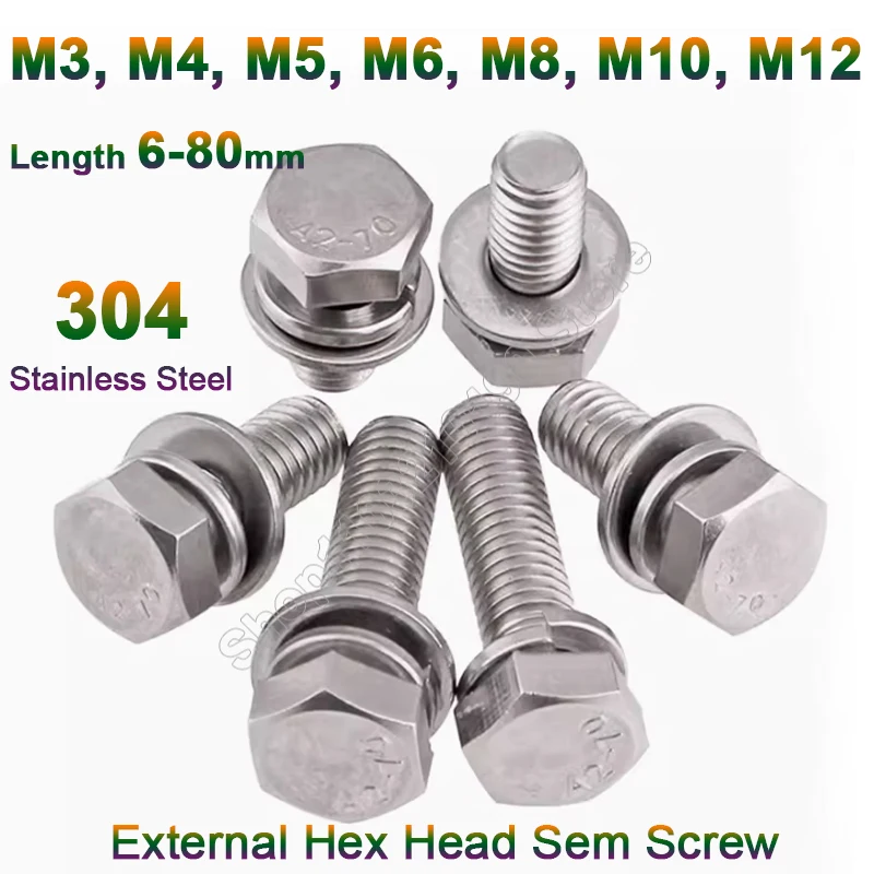 

3-20Pcs M3 M4 M5 M6 M8 M10 M12 304 Stainless Steel External Hex Hexagon Head SEM Screw Flat Washer Spring Gasket Assemble Bolt