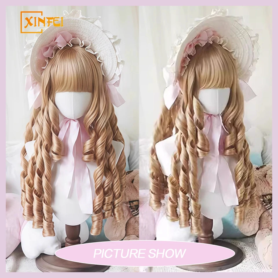 XINFEI Light Gold Roman Roll Synthetic Wig Female Elegant Retro Lolita Straight Bangs Roman Roll Long Curly Hair Party Wig