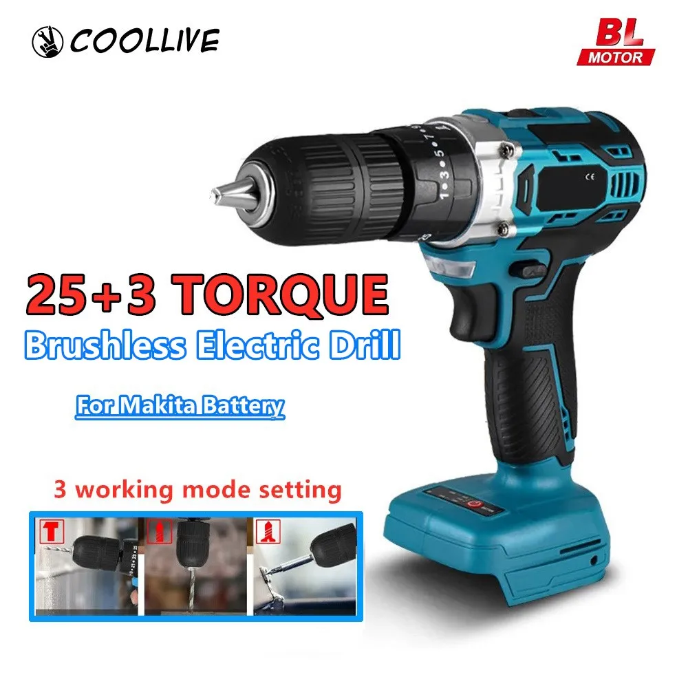 

25+3 Torque 1000W 450NM Brushless Electric Impact Drill 3 in 1 Electric Cordless Screwdriver Tool For Makita 18v Battery