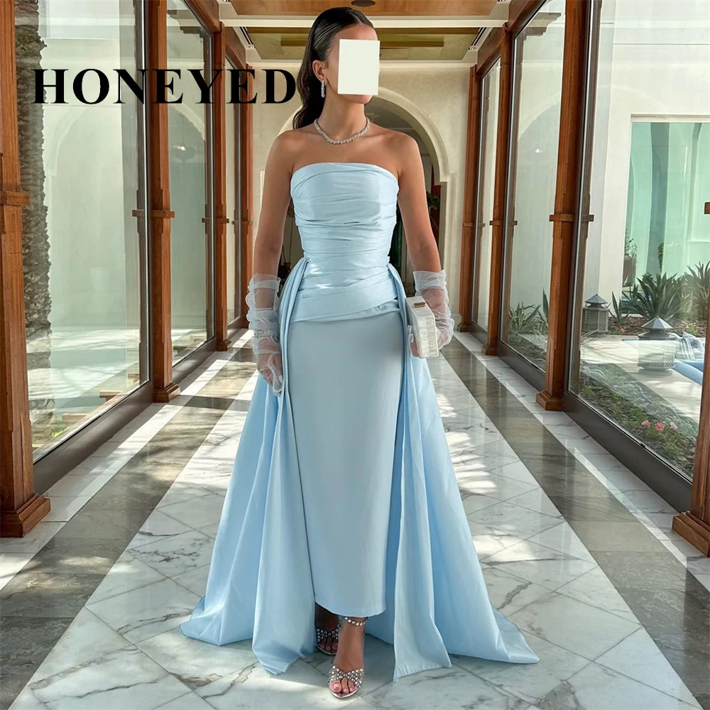 HONEYED Sweet Sky Blue Crepe Strapless Arab Ruffle Prom Gown Ankle Length Saudi Evening Formal Elegant Party Dress for Women