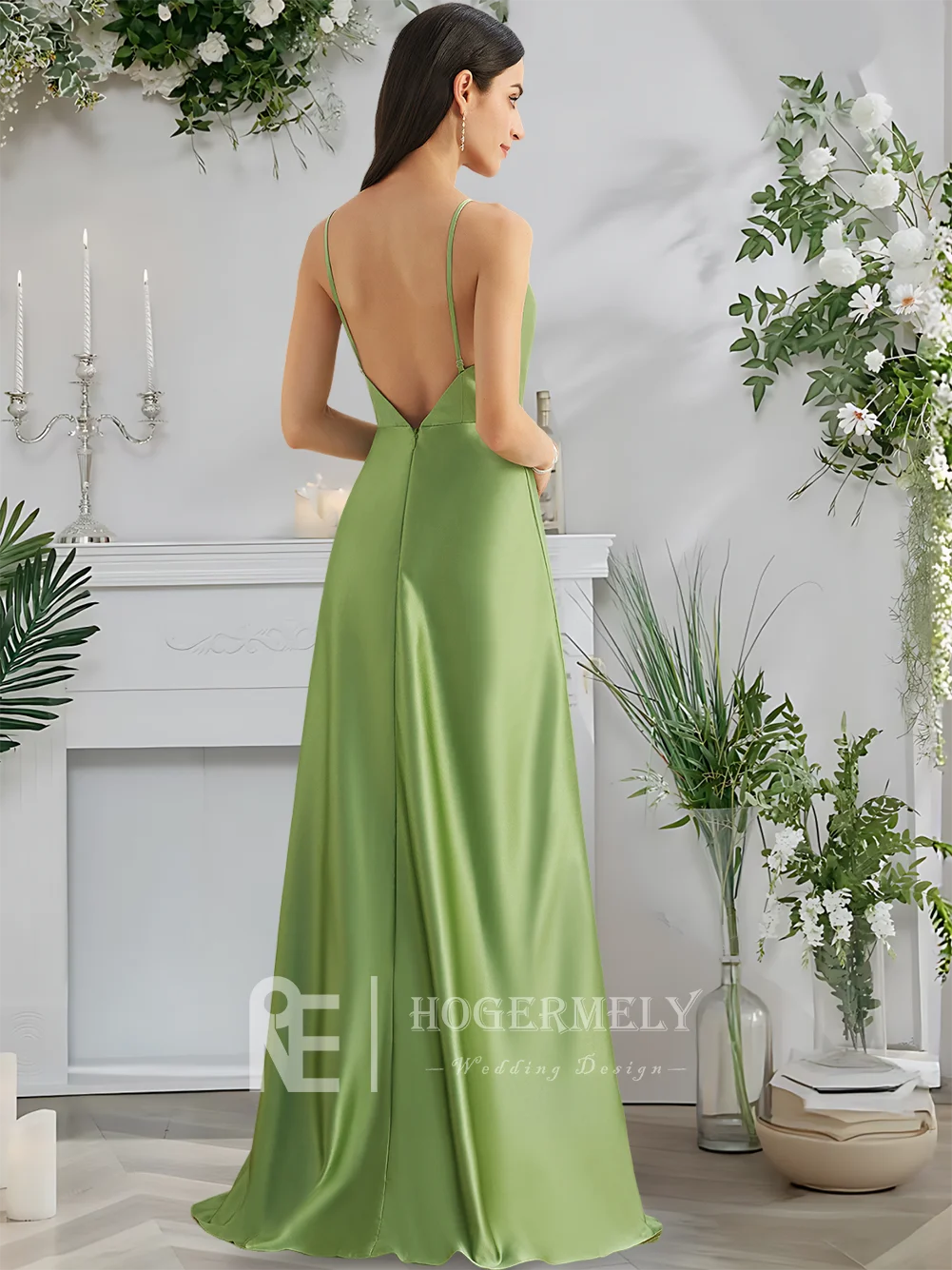 A Basil 2025 Gaun Pengiring Pengantin Satin Panjang Lantai A-Line Tali Spaghetti Kerudung Elegan Gaun Koktail Tamu Pesta Pernikahan ​