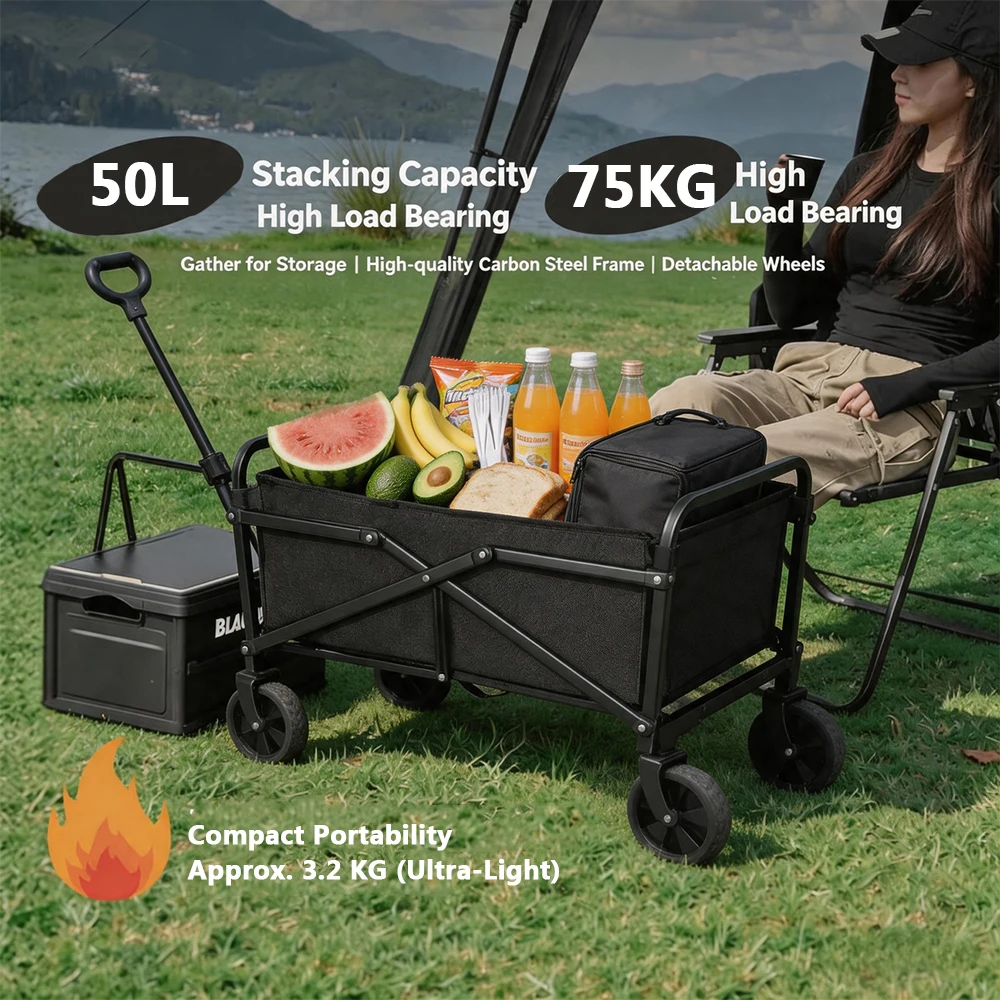 Chariot de camping pliable robuste, capacité 75 kg, chariot de jardin tout-terrain, chariot utilitaire de plage, chariot pliable 50 kg, cadre en acier