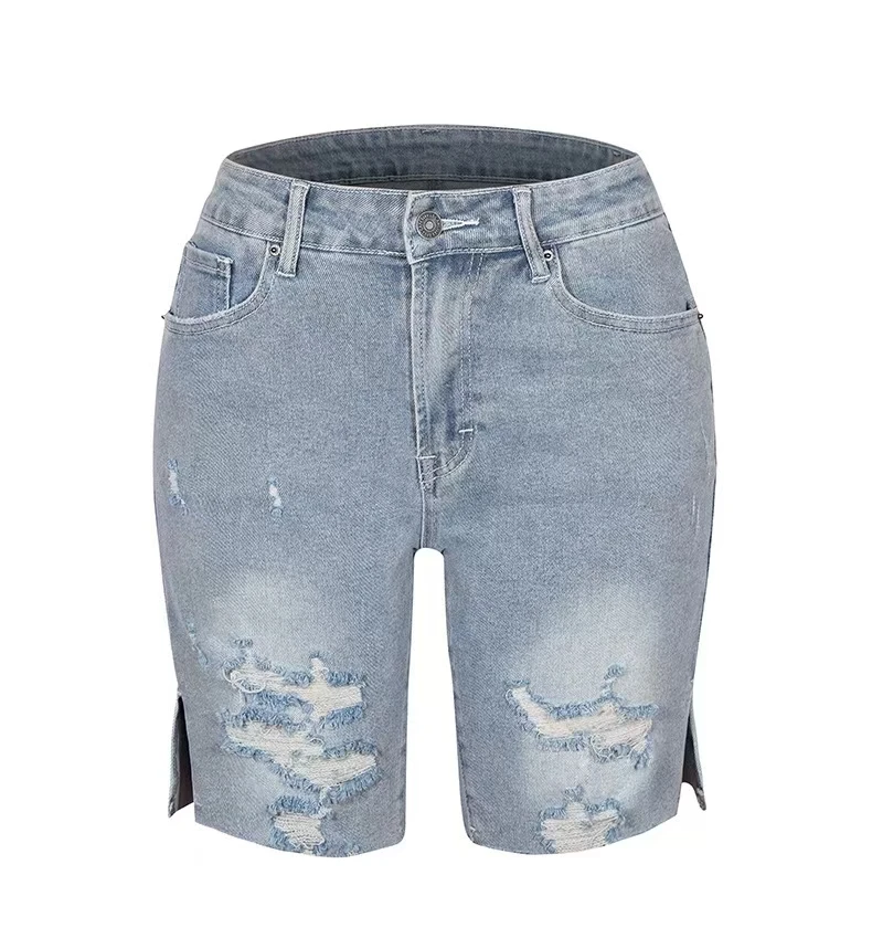 Summer High Elasticity Tear Shorts Street Trend Slit Denim Jeans Breathable Comfortable Casual  Waist  midShort Pants