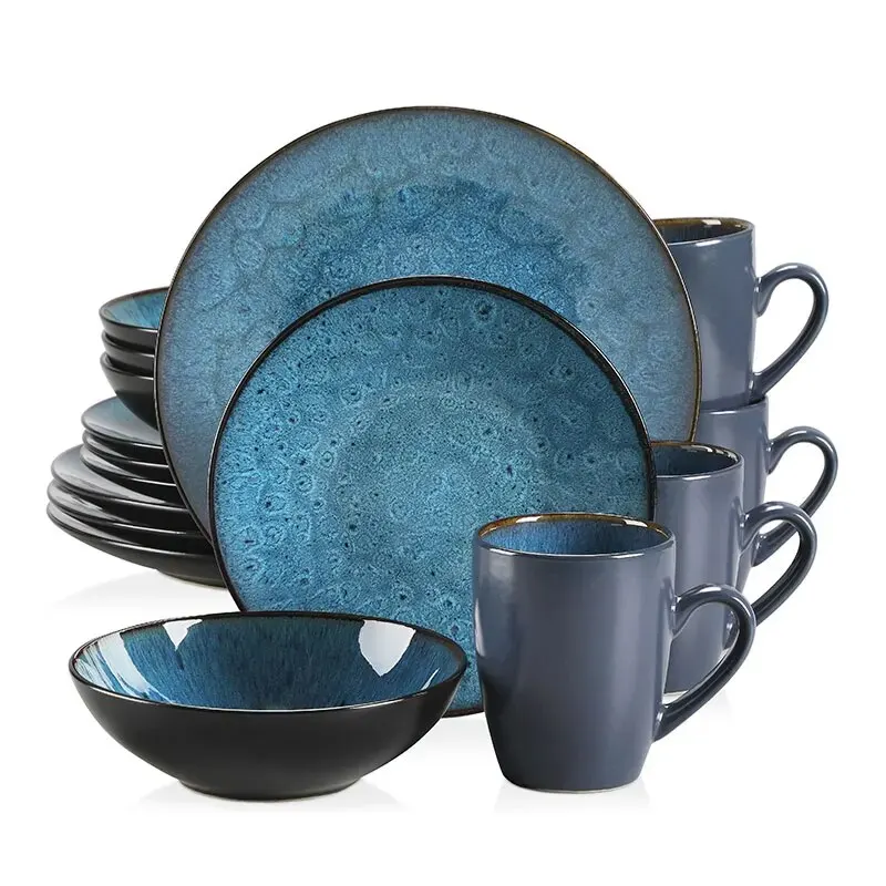 VANCASSO BUBBLE 16/32/48-Piece Tableware Set Vintage Ceramic Blue Stoneware Set with Dinner/Dessert Plate,Bowl,Coffee Cups