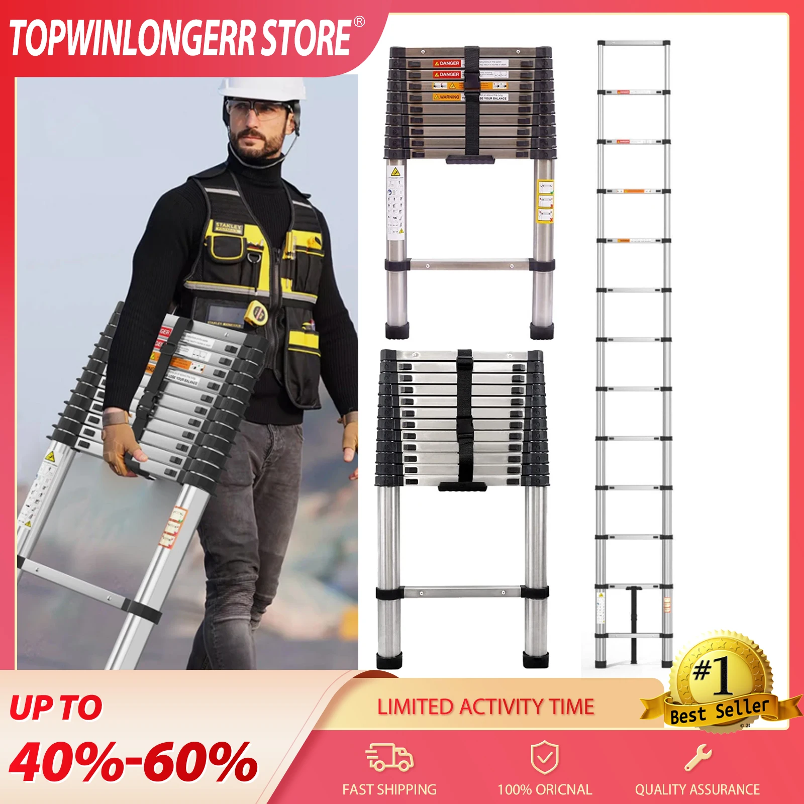Échelle télescopique en acier inoxydable 2,6/3,2/3,8 m, pliable et extensible, antidérapante, portable, capacité de charge pour usage domestique, réparation et nettoyage de fenêtres