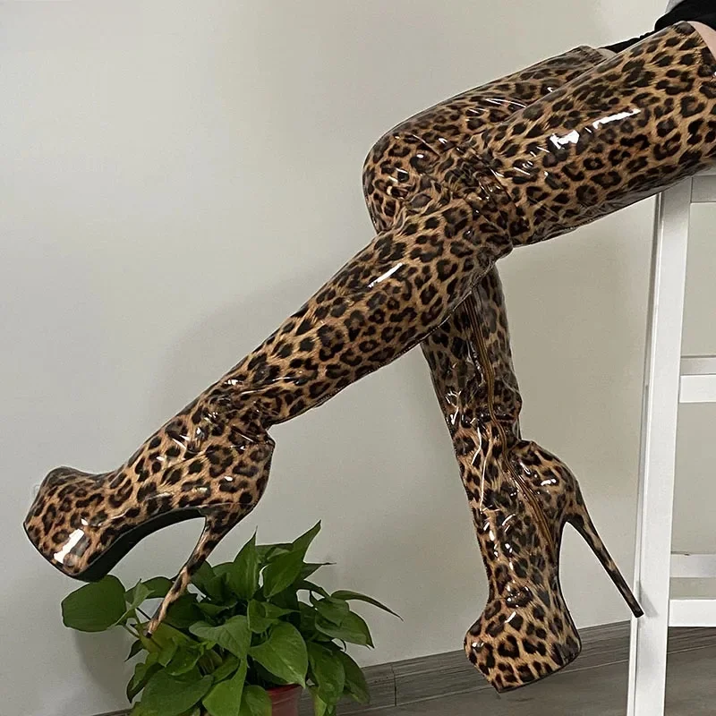 Ronticool Handgemachte Frauen Oberschenkel Stiefel Patent Leder Seite Zipper Dünne High Heels Runde Zehe Leopard Club Schuhe Frauen Uns Größe 5-20