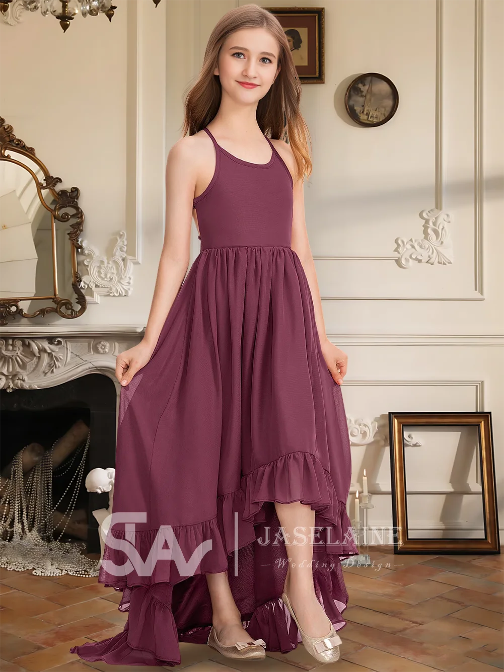 Элегантное платье подружки невесты для юниоров, шифоновая трапециевидная асимметричная юбка с бантом, платье с цветочным узором для девочек, официальная одежда для девочек, свадебная вечеринка