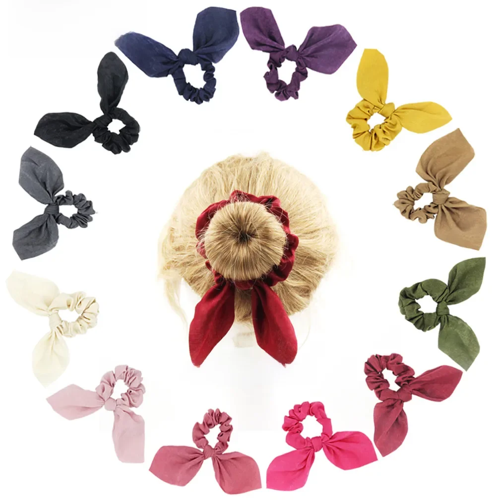 Furling Girl 1PC Silky Bunny uszy elastyczne gumki do włosów uszy królika Bowknot jednolite kolory gumki do włosów kobiety akcesoria do włosów — zdjęcie 2