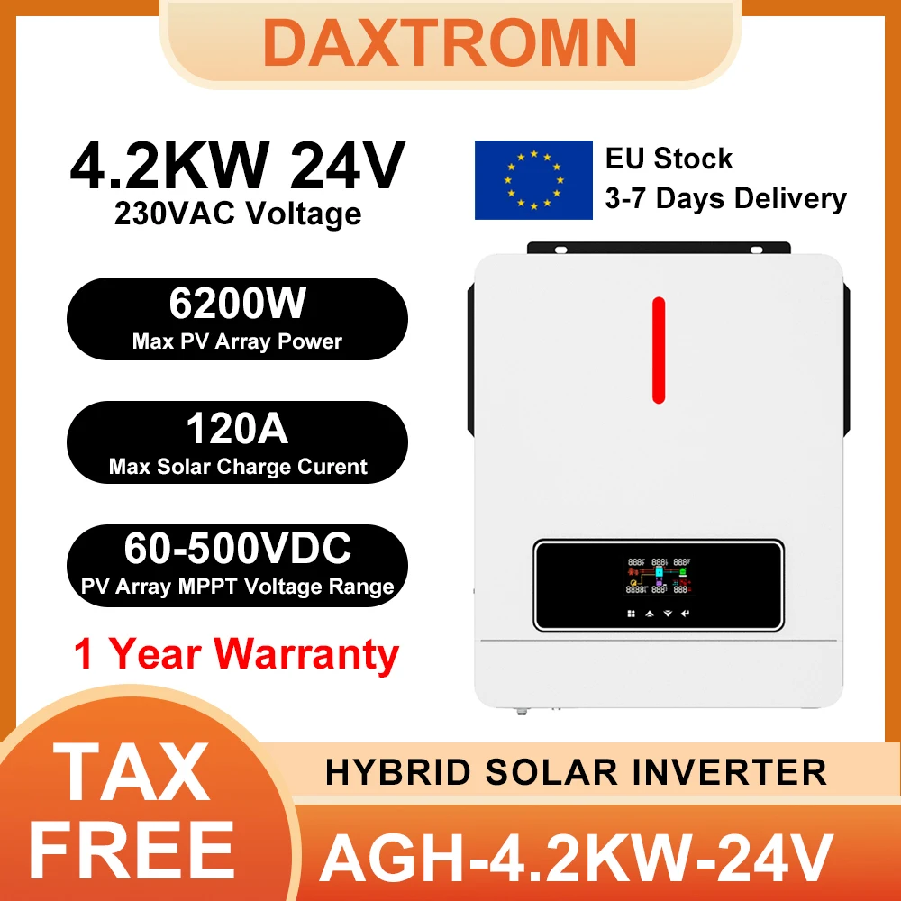 Daxtromn Onduleur Solaire Hybride 4.2kW 24V 230VAC à Onde Sinusoïdale Pure, Onduleur MPPT 120A, Chargeur Solaire PV 500VDC pour Photovoltaïque Domestique