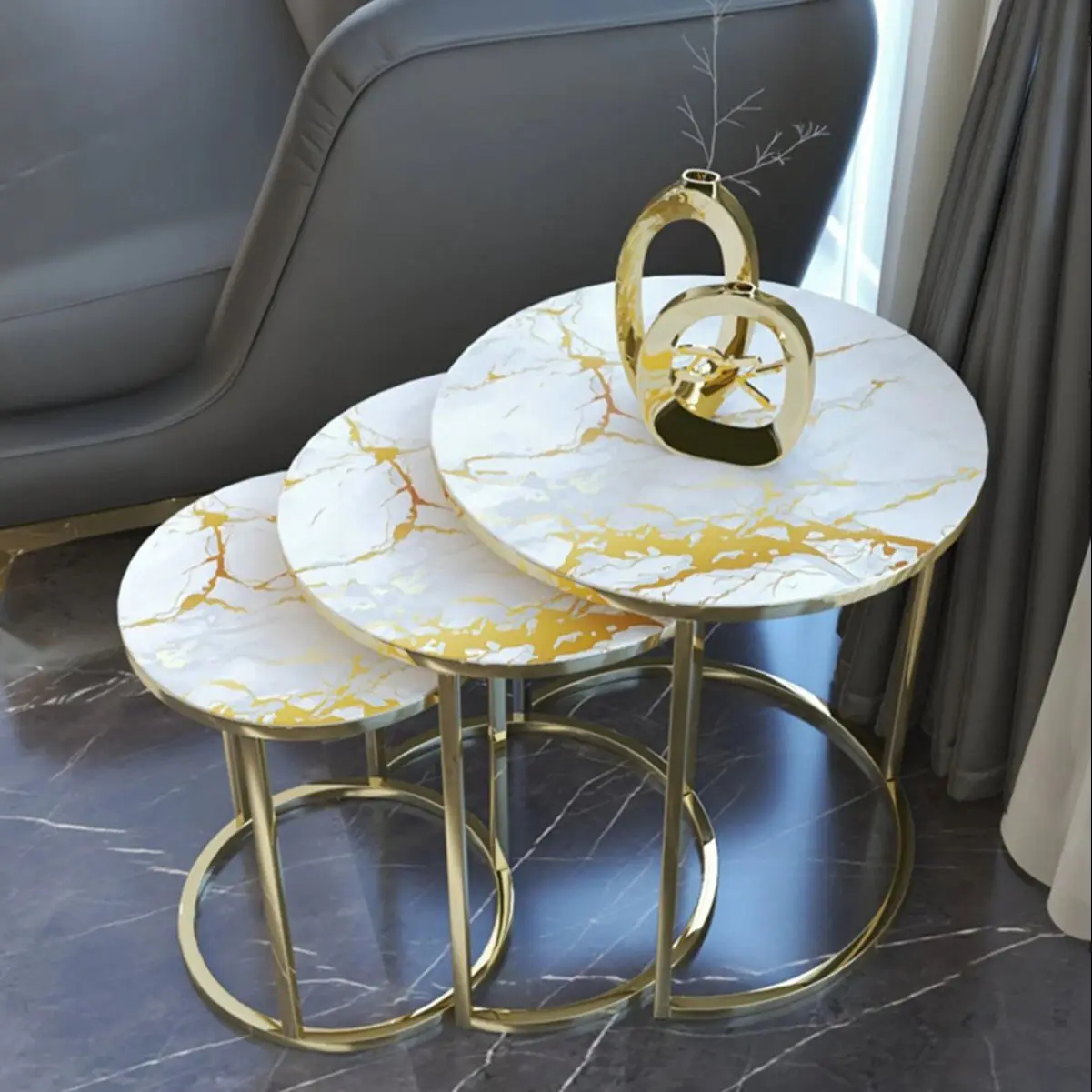 Decorative Gold Set of 3 Nesting Table Modern Luxury Yellow Nordic Design Home Living Room Bedroom Furniture Set Coffee Table