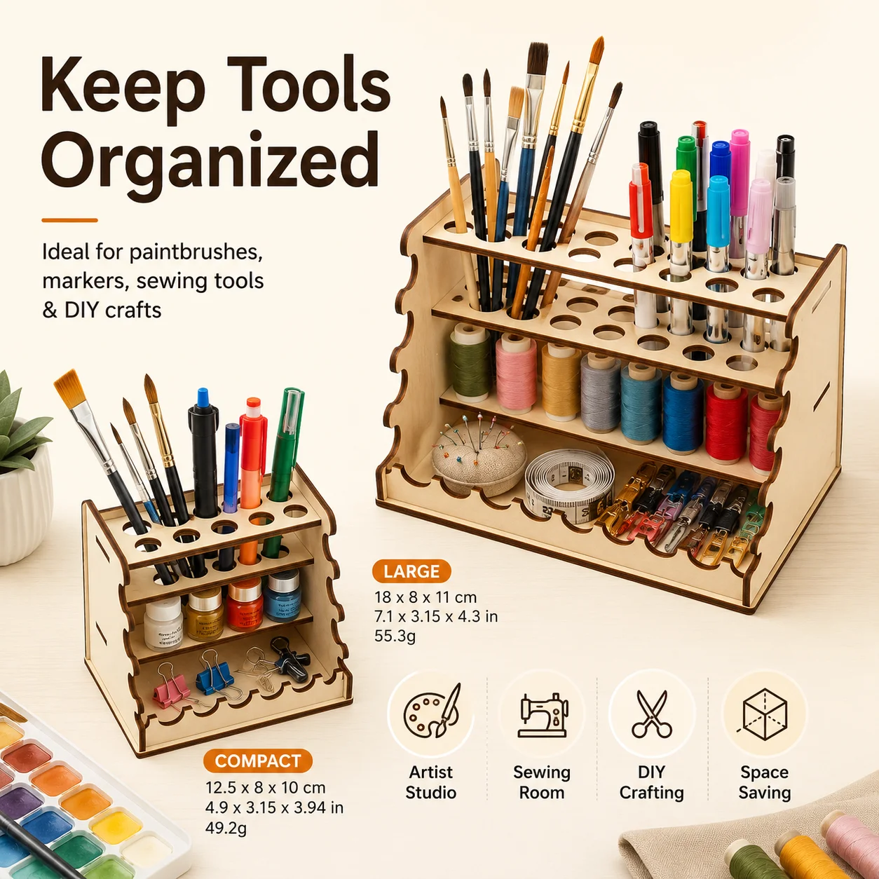 Wooden Multi Layer Craft Tool Organizer Storage Rack Two Sizes Compact Large Wave Edge Pen Brush Thread Spool Holder For Artist Painting Sewing DIY Craft Room Desk Space Saving Storage Caddy
