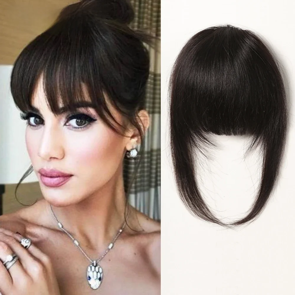Clip in Bangs 100% Human Hair Bangs Grube francuskie naturalne czarne brązowe grzywki z zausznikami Clip on Fringe Hairpieces dla kobiet — zdjęcie 2
