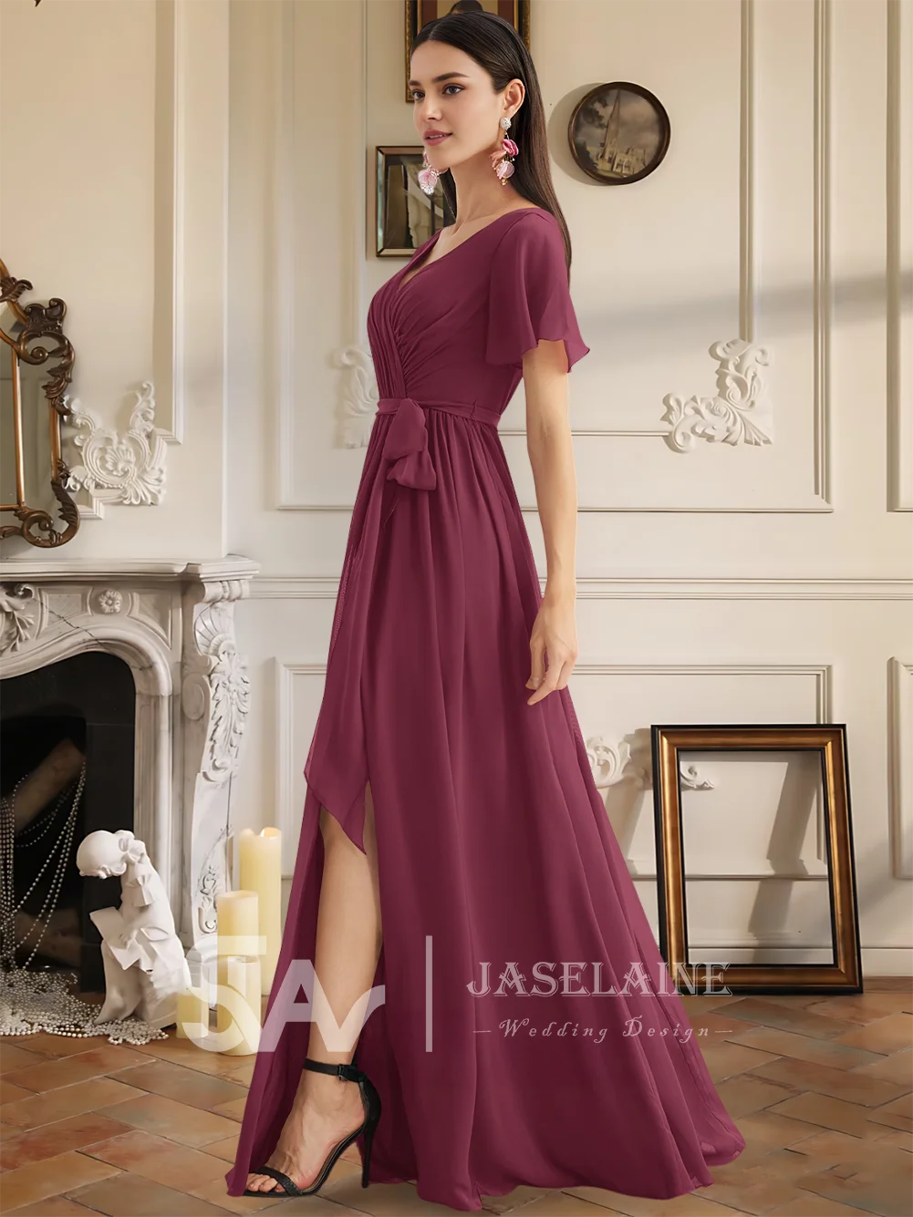 

A Kids Bridesmaid Dress A-Line V-Neck Floor-Length Chiffon Short Sleeve Leg Slit Faux Wrap Wedding Guest Evening Party Cocktail