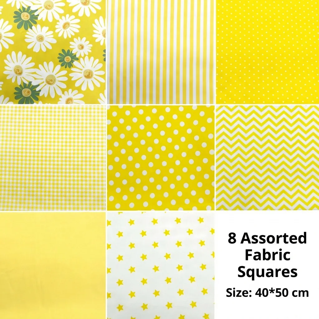 8pcs Yellow Floral Cotton Fabric Bundle; PreCut Fabric; Sewing Supplies For Patchwork Sewing And DIY Clothing Crafts image 3