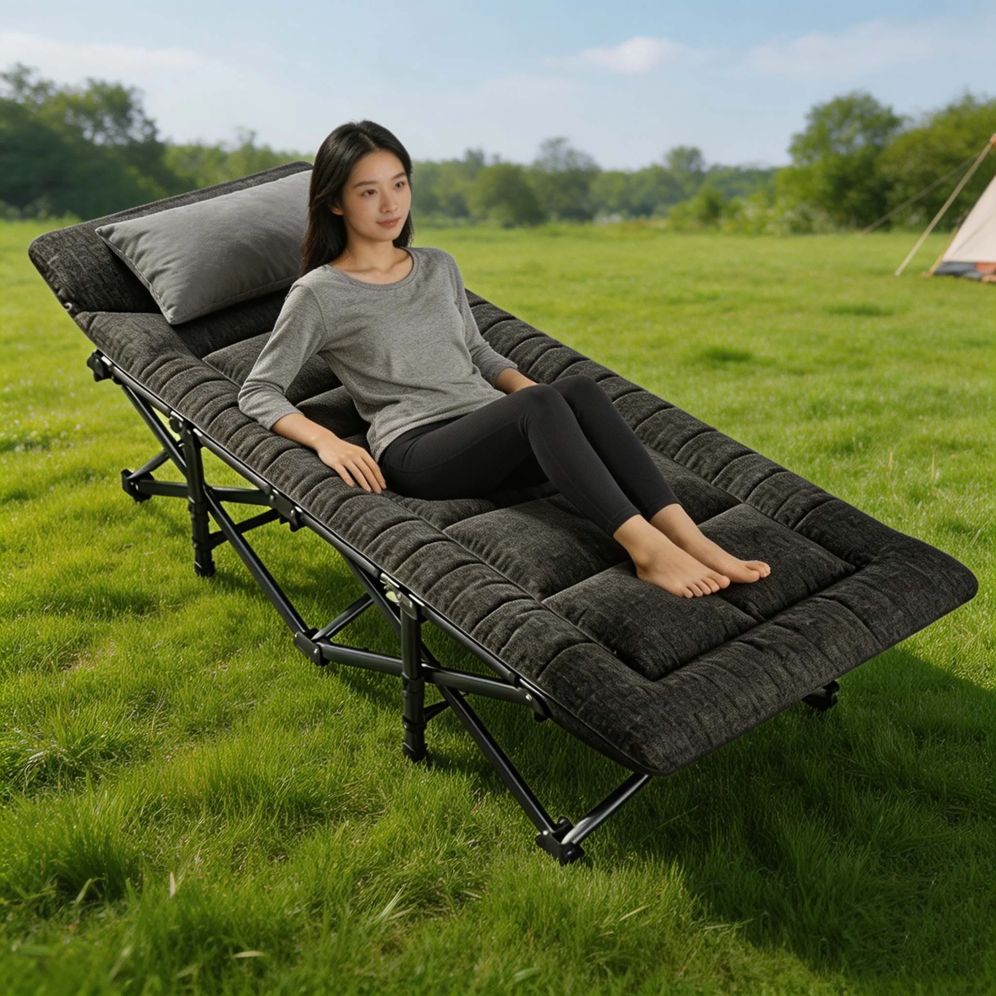 Klappbares Campingbett ohne Montage, 200 kg Tragkraft, atmungsaktives Oxford-Gewebe mit Kissen, leicht und faltbar für Outdoor-Reisen