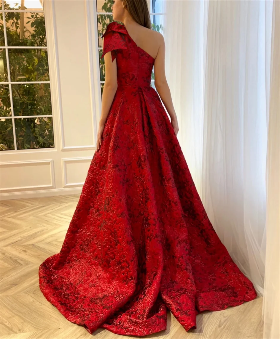 Elegante vermelho chique vestidos de baile com arco para mulheres, vestido de baile longo de um ombro, festa formal